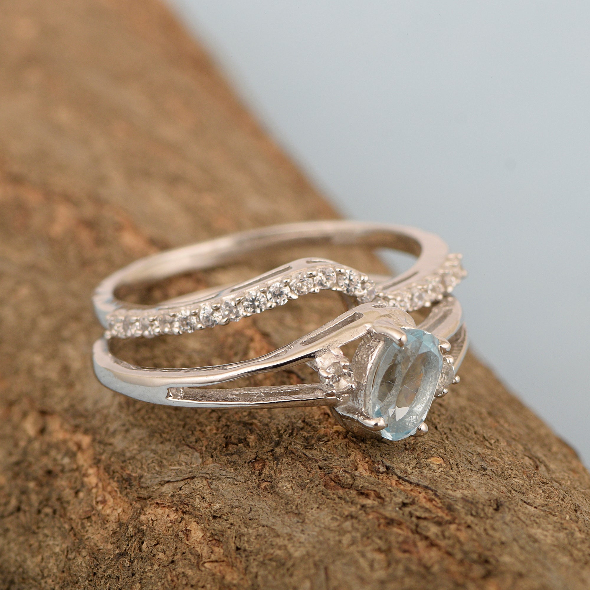 925 Sterling Silver Aquamarine 2pc Wedding Band Stackable Ring Set - Kimaya INC