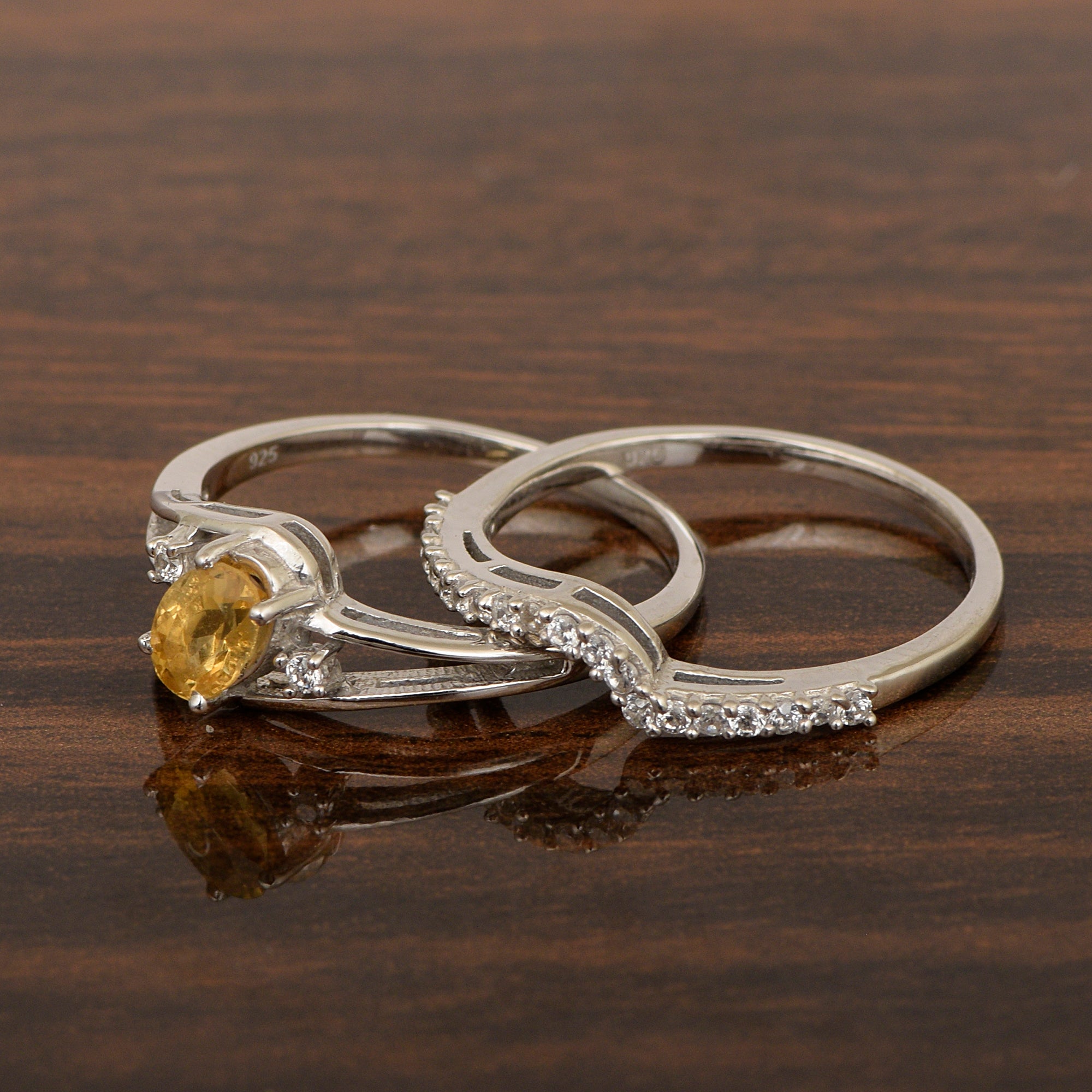 925 Sterling Silver Citrine 2pc Wedding Band Stackable Ring Set - Kimaya INC