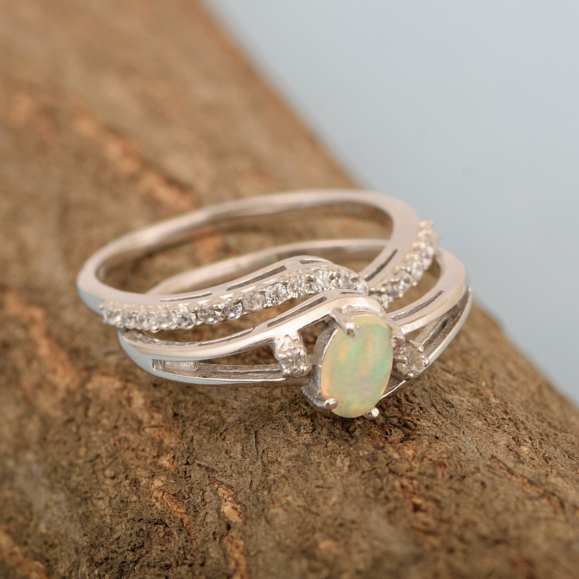 925 Sterling Silver Opal 2pc Wedding Band Stackable Ring Set - Kimaya INC