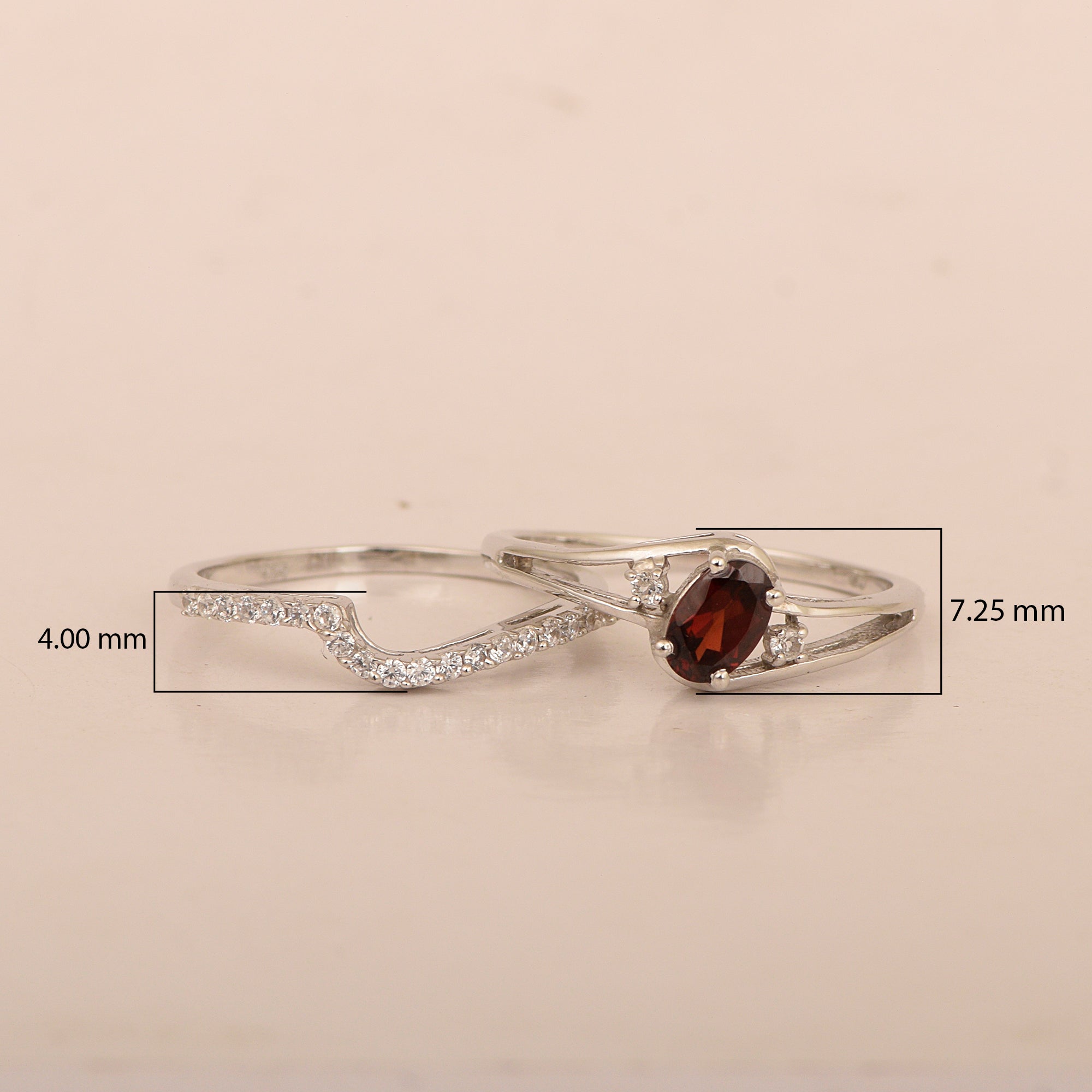 925 Sterling Silver Garnet 2pc Wedding Band Stackable Ring Set - Kimaya INC