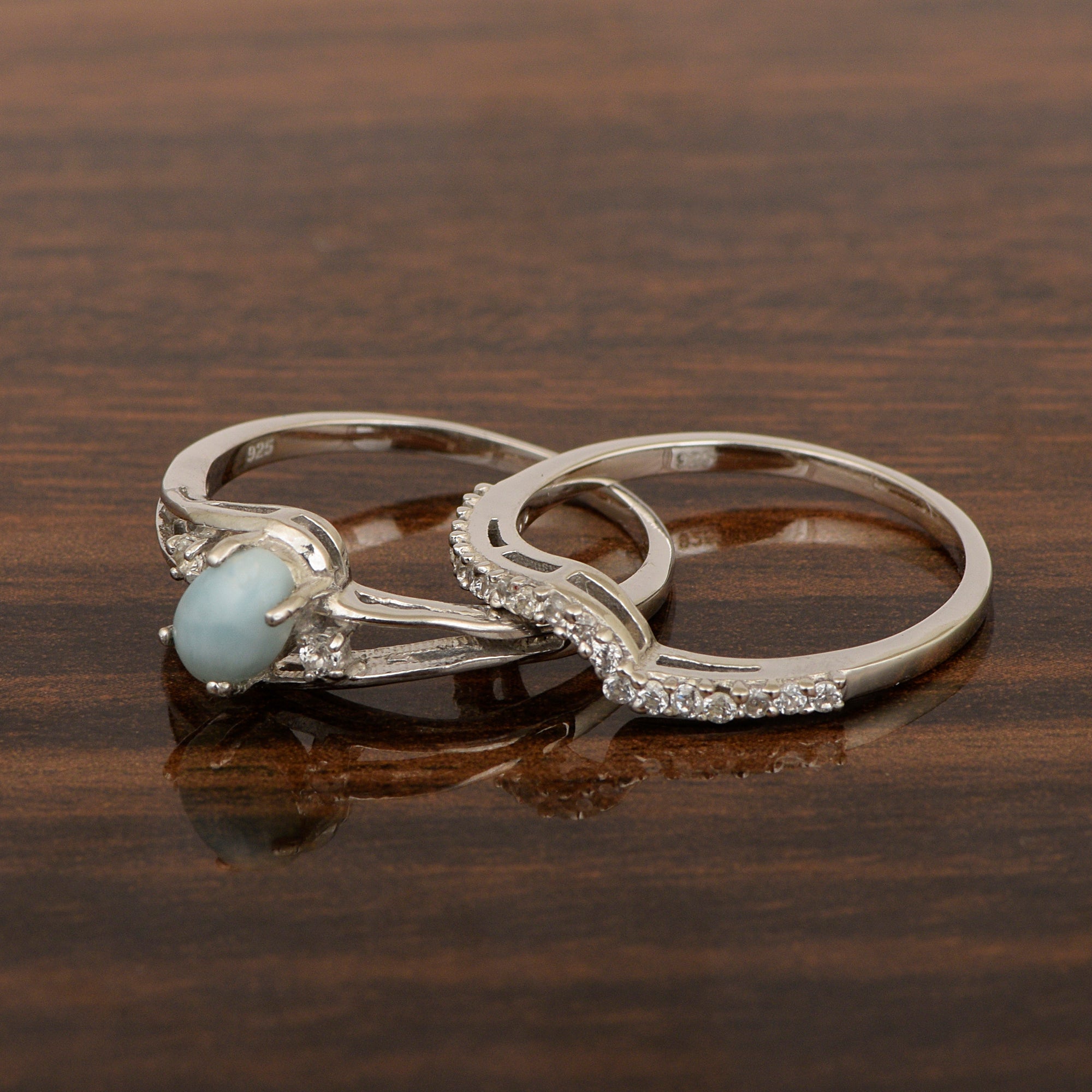 925 Sterling Silver Larimar 2pc Wedding Band Stackable Ring Set - Kimaya INC
