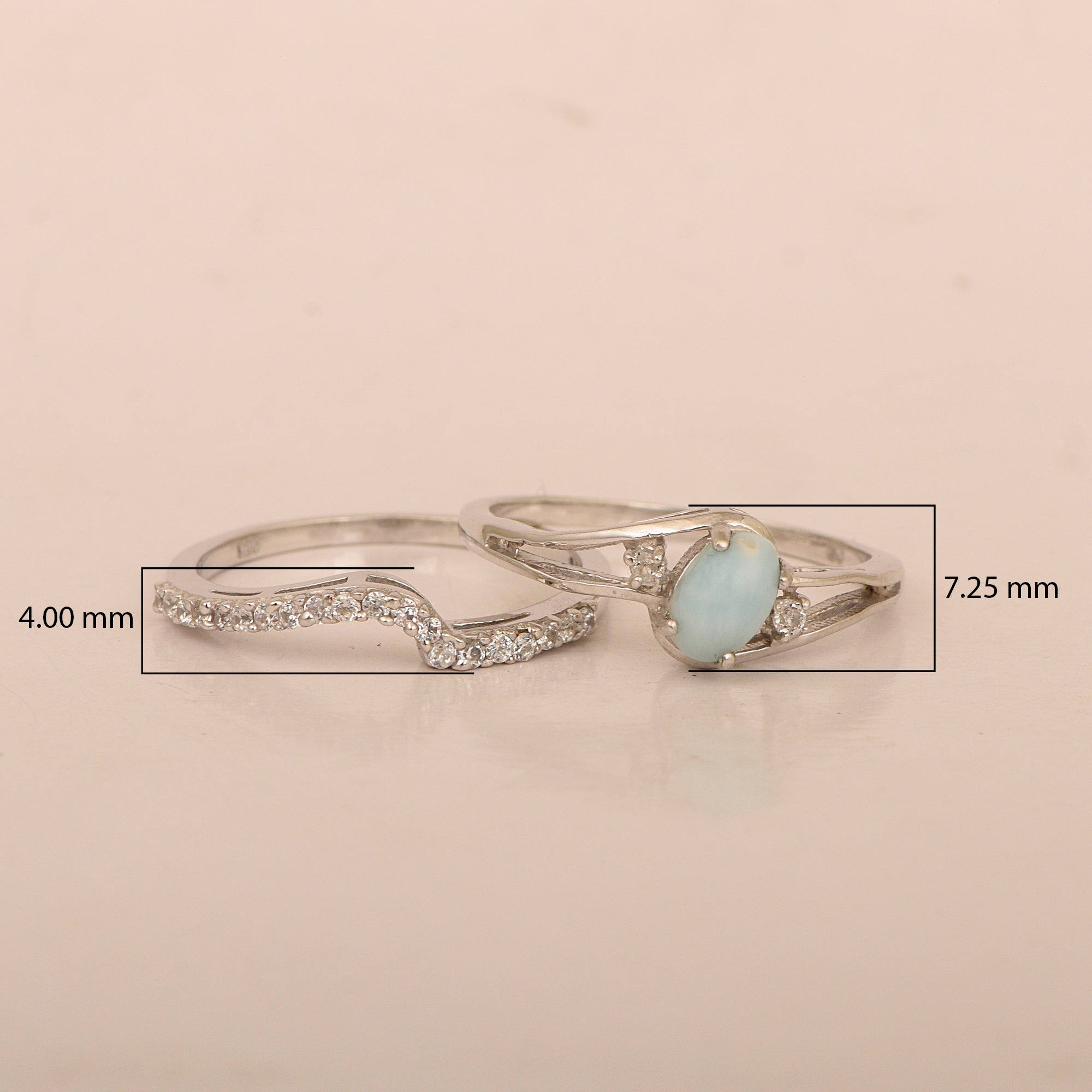 925 Sterling Silver Larimar 2pc Wedding Band Stackable Ring Set - Kimaya INC