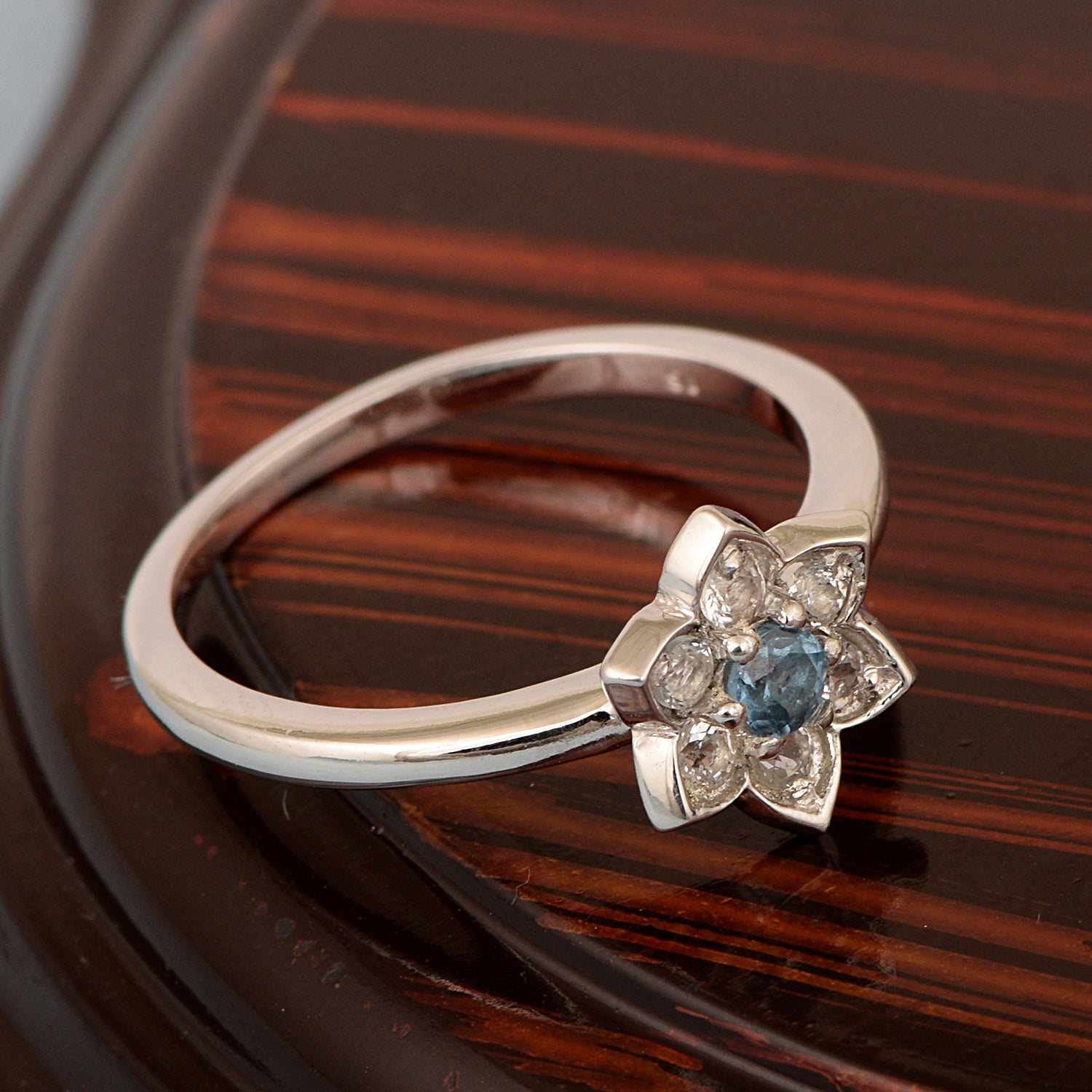 Art Deco Sterling Silver Round 0.10 Ctw London Blue Topaz Halo Engagement Women Ring - Kimaya INC