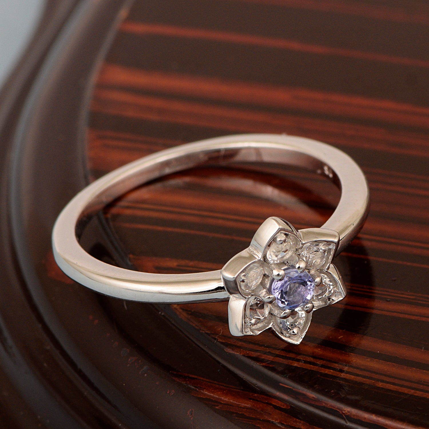 Art Deco Sterling Silver Round 0.10 Ctw Tanzanite Halo Engagement Women Ring - Kimaya INC