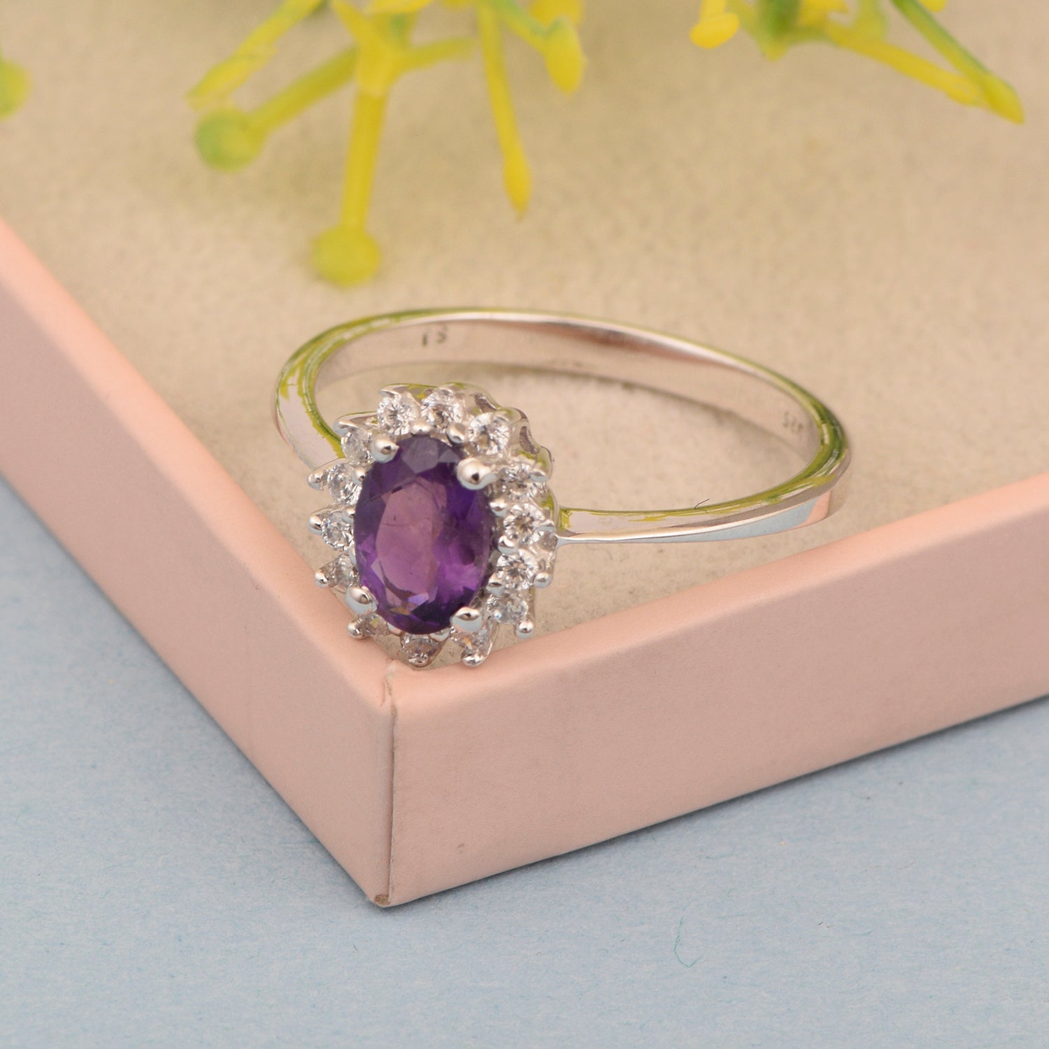 925 Sterling Silver 7x5mm Oval Amethyst with White Topaz Accent Stones Halo Ring - Kimaya INC