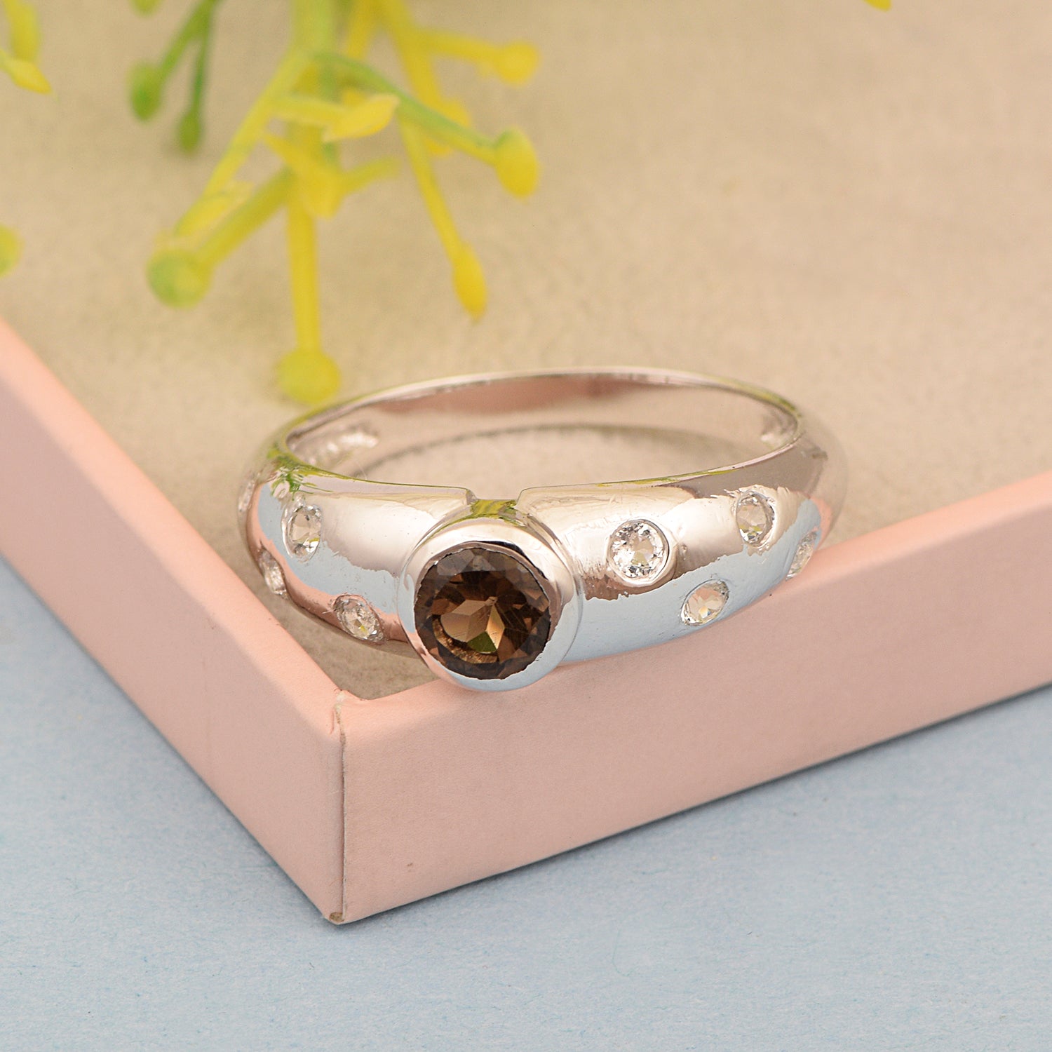 925 Sterling Silver Round 5mm Smoky Quartz Women Promise Ring - Kimaya INC