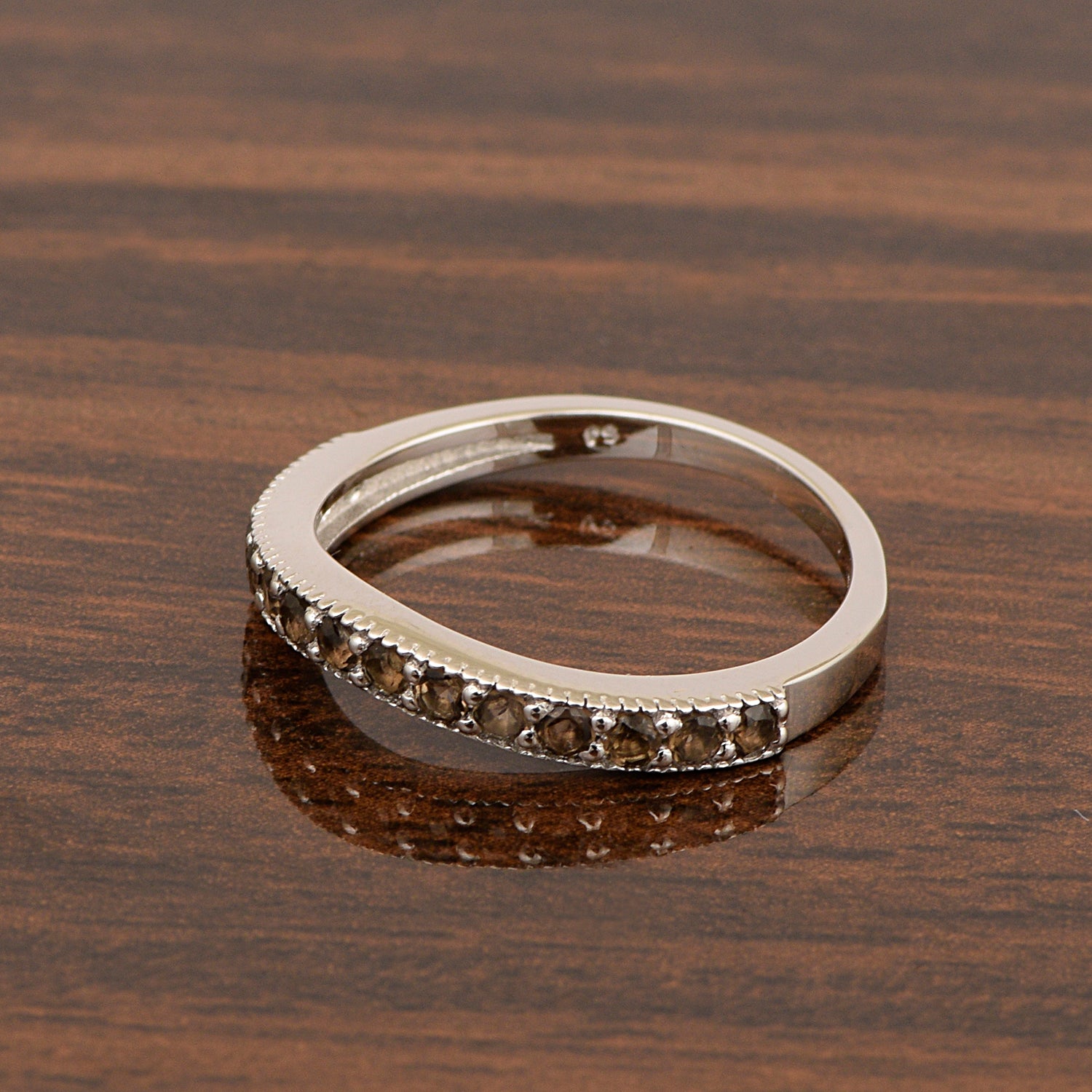 925 Sterling Silver Curve Band Round 0.75 Ctw Smoky Quartz Stacking Ring - Kimaya INC