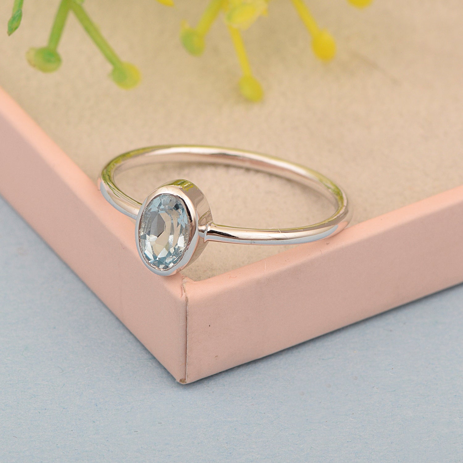 Stackable Oval 0.20 Ctw Aquamarine Bezel Set 925 Sterling Silver Stacking Rings - Kimaya INC