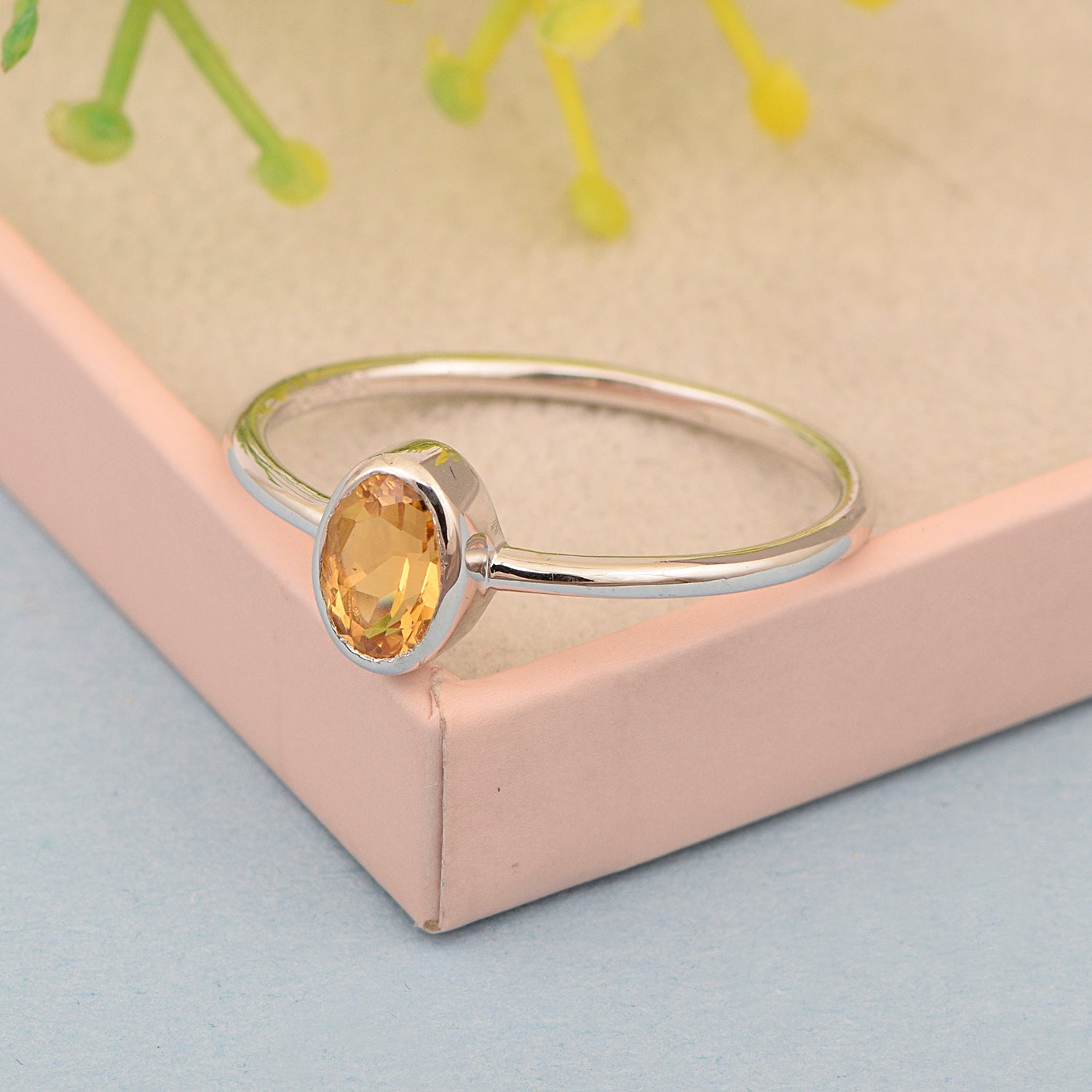Stackable Oval 0.20 Ctw Citrine Bezel Set 925 Sterling Silver Stacking Rings - Kimaya INC