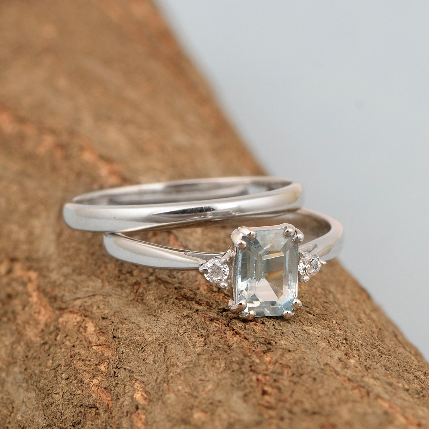 Sterling Silver Radiant Cut 1.20 Ctw Blue Topaz Dual Band Women Stacking Ring - Kimaya INC