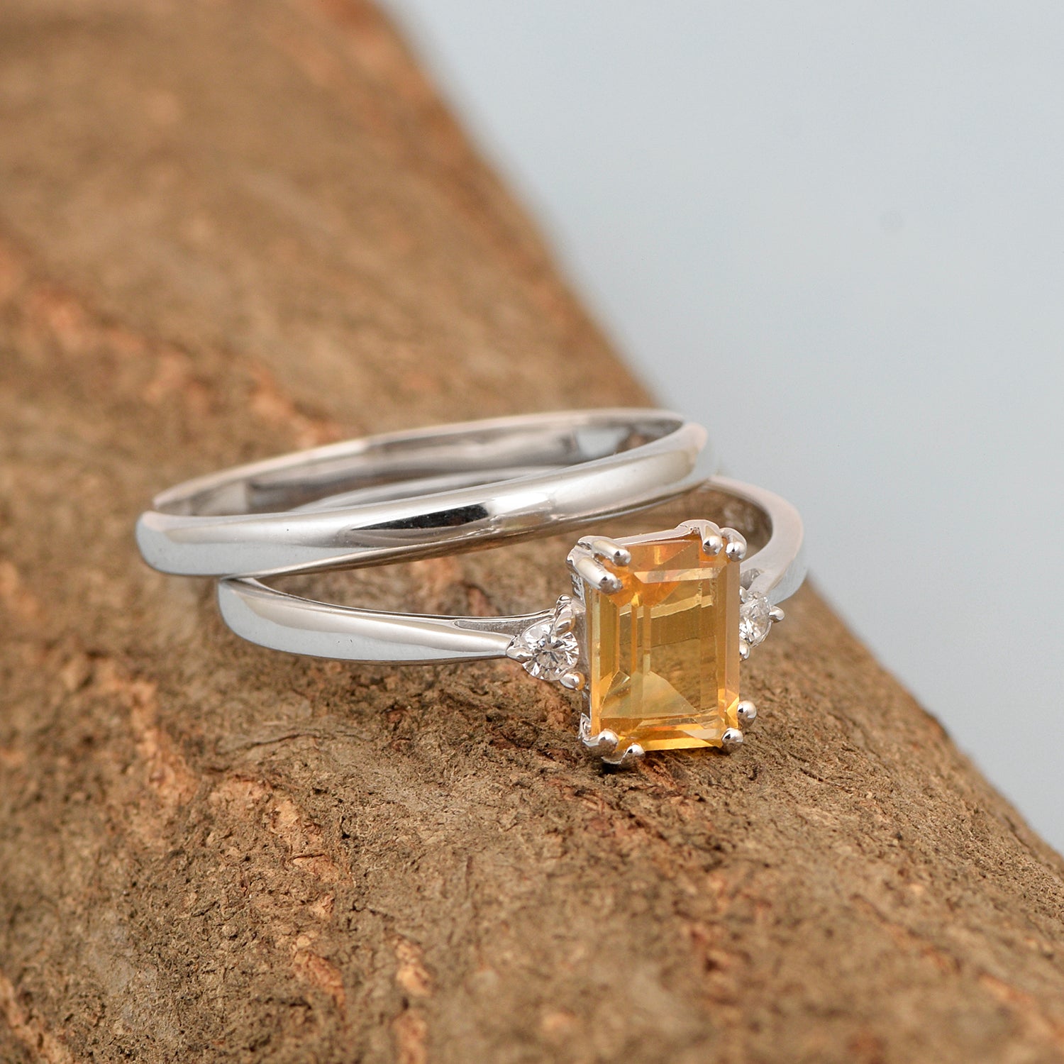 Sterling Silver Radiant Cut 1.20 Ctw Citrine Dual Band Women Stacking Ring - Kimaya INC
