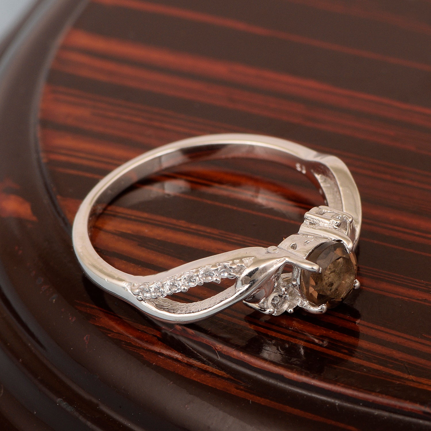 Sterling Silver Round 5mm Smoky Quartz Bypass Shank Women Wedding Ring - Kimaya INC