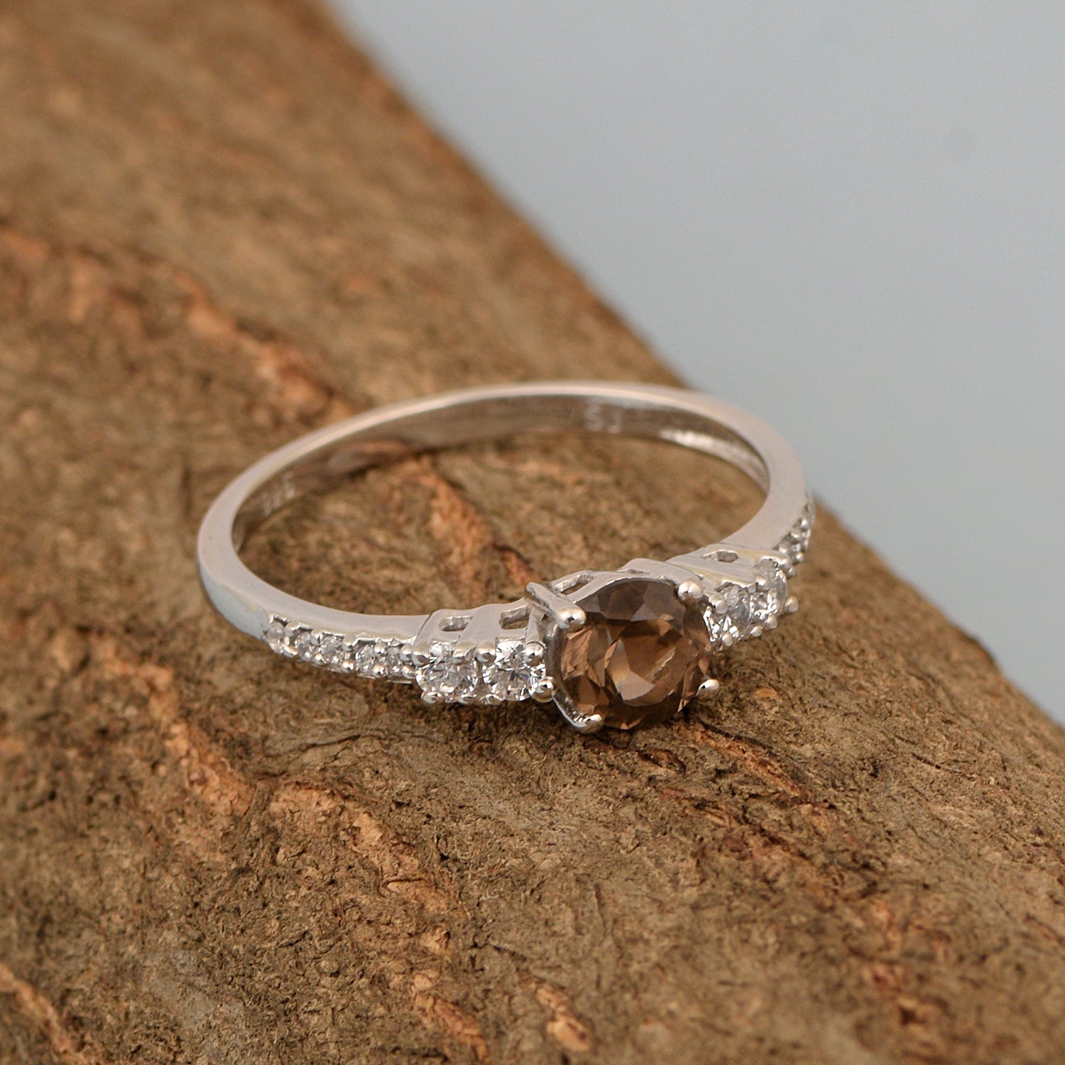 Round 5 MM Smoky Quartz Gemstone 925 Sterling Silver Women Engagement Ring - Kimaya INC