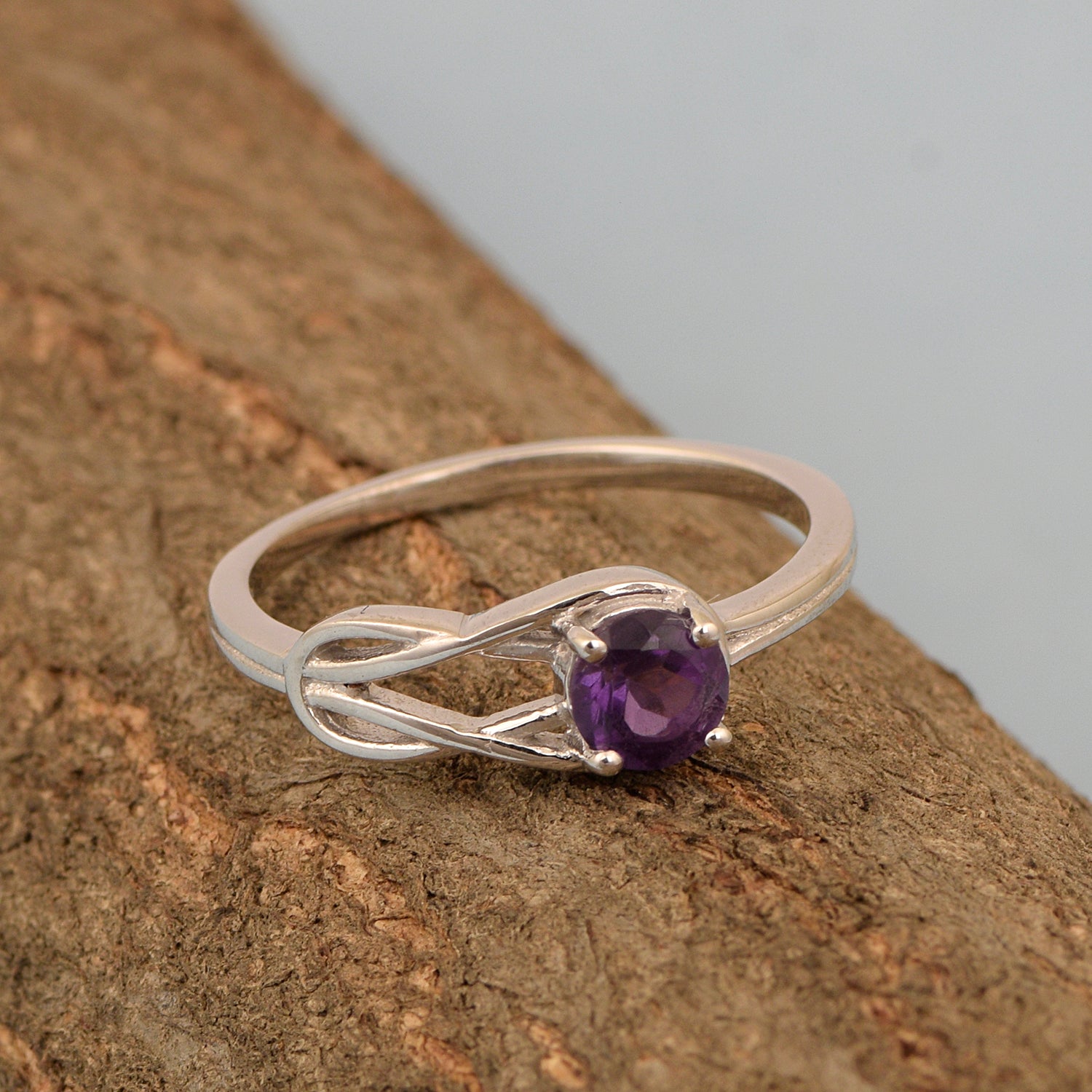 5 MM Round Amethyst Gemstone 925 Sterling Silver Triquetra Celtic Trinity Knot Ring - Kimaya INC