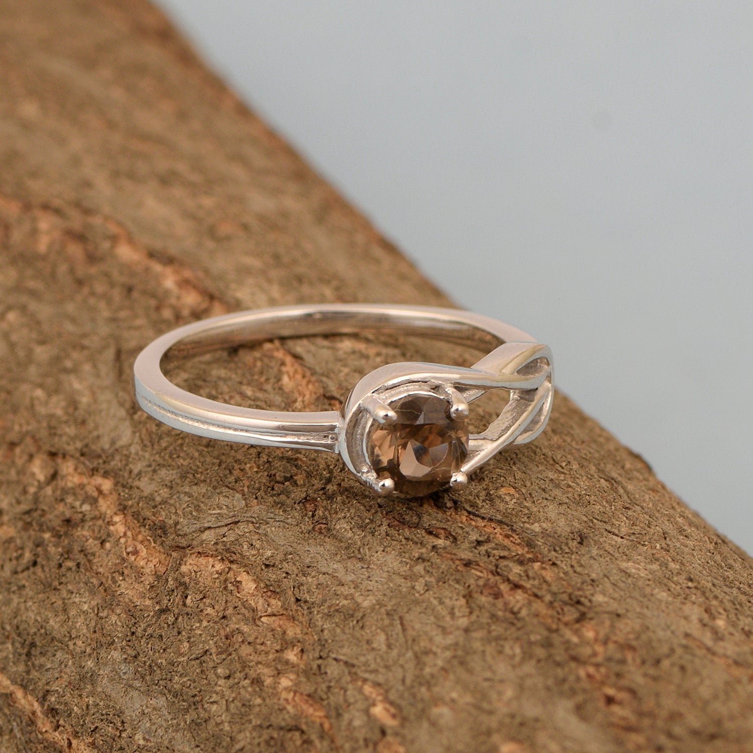 5 MM Round Smoky Quartz Gemstone 925 Sterling Silver Triquetra Celtic Trinity Knot Ring - Kimaya INC