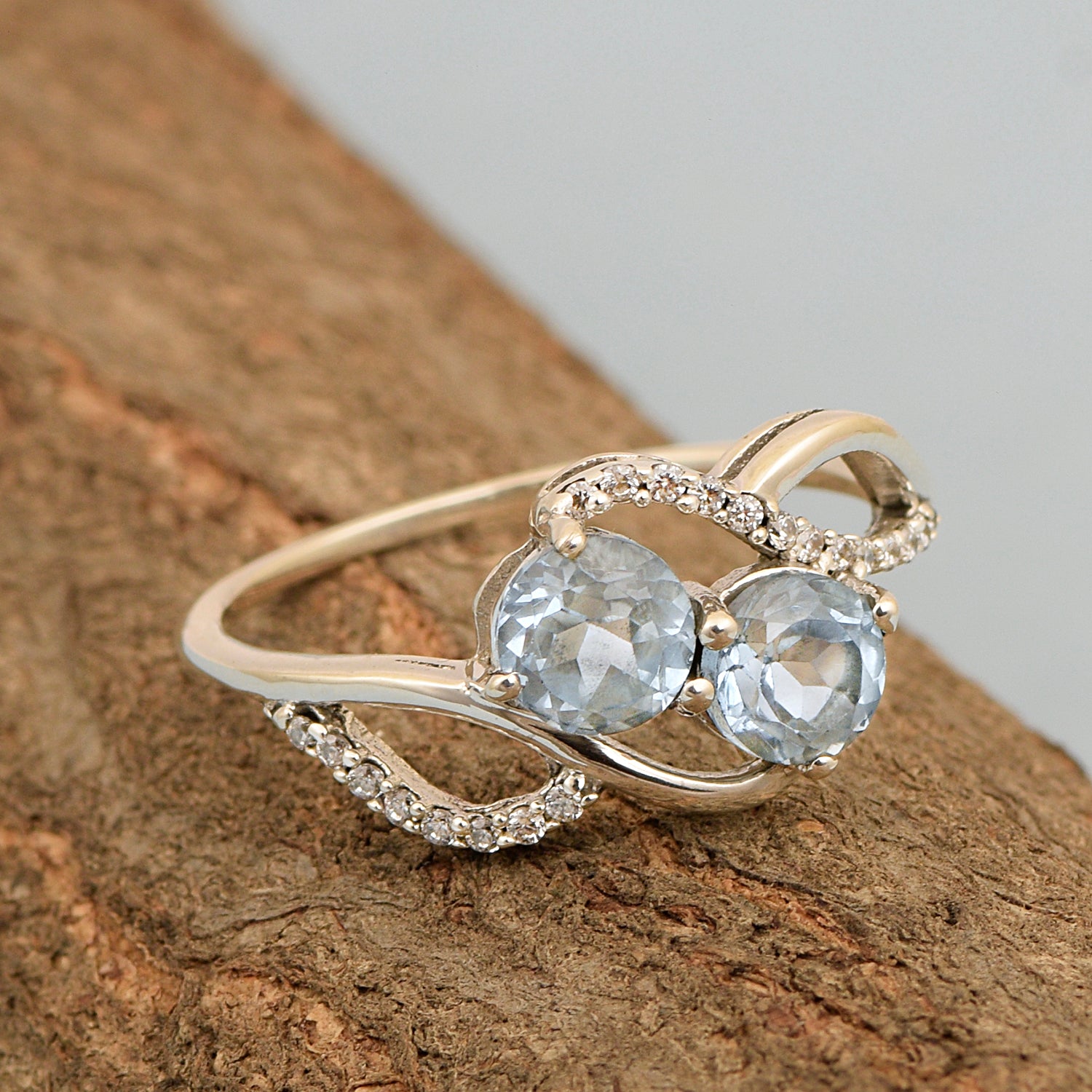 Cocktail 925 Sterling Silver Dual Round Stone 5MM Blue Topaz Love Ring - Kimaya INC