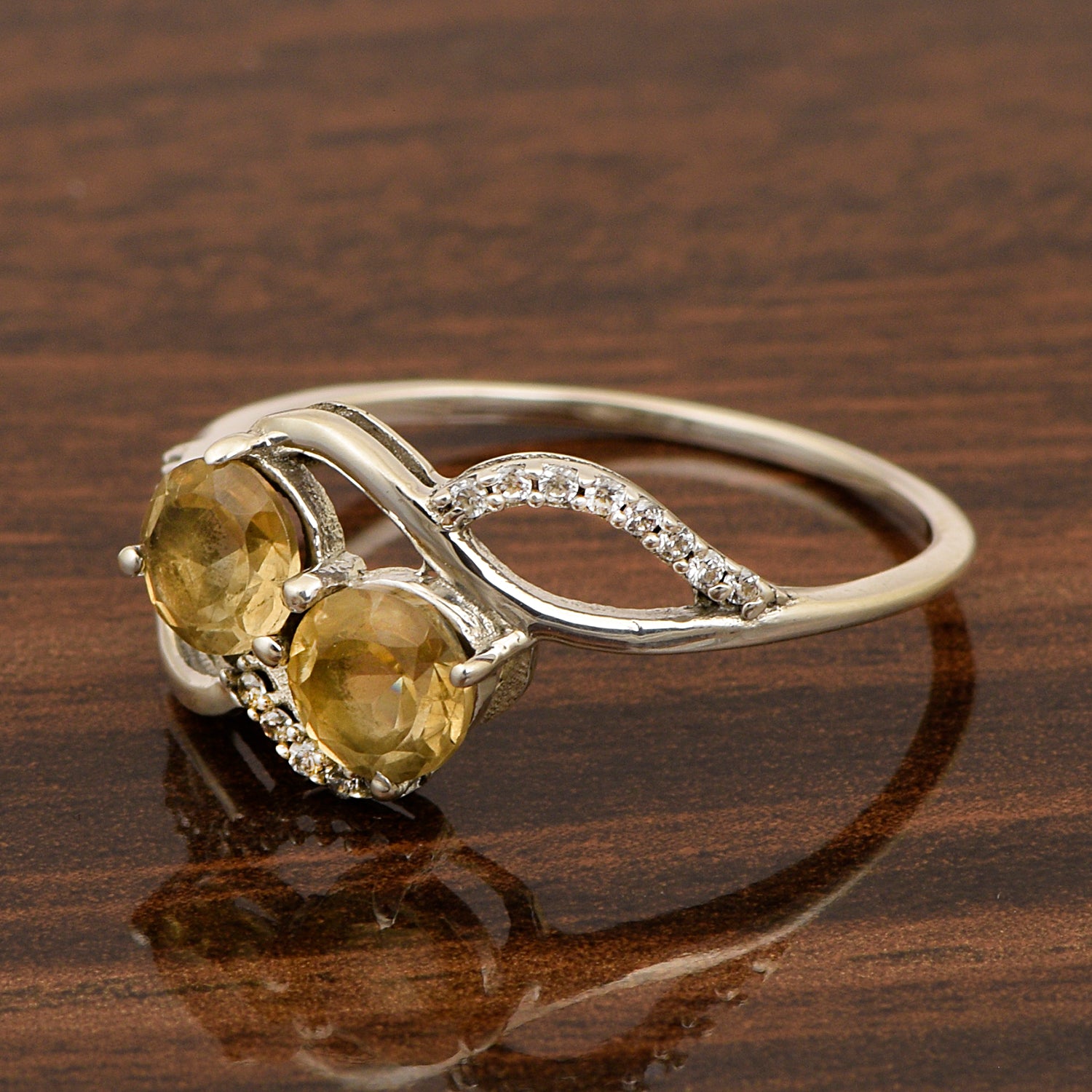 Cocktail 925 Sterling Silver Dual Round Stone 5MM Citrine Love Ring - Kimaya INC