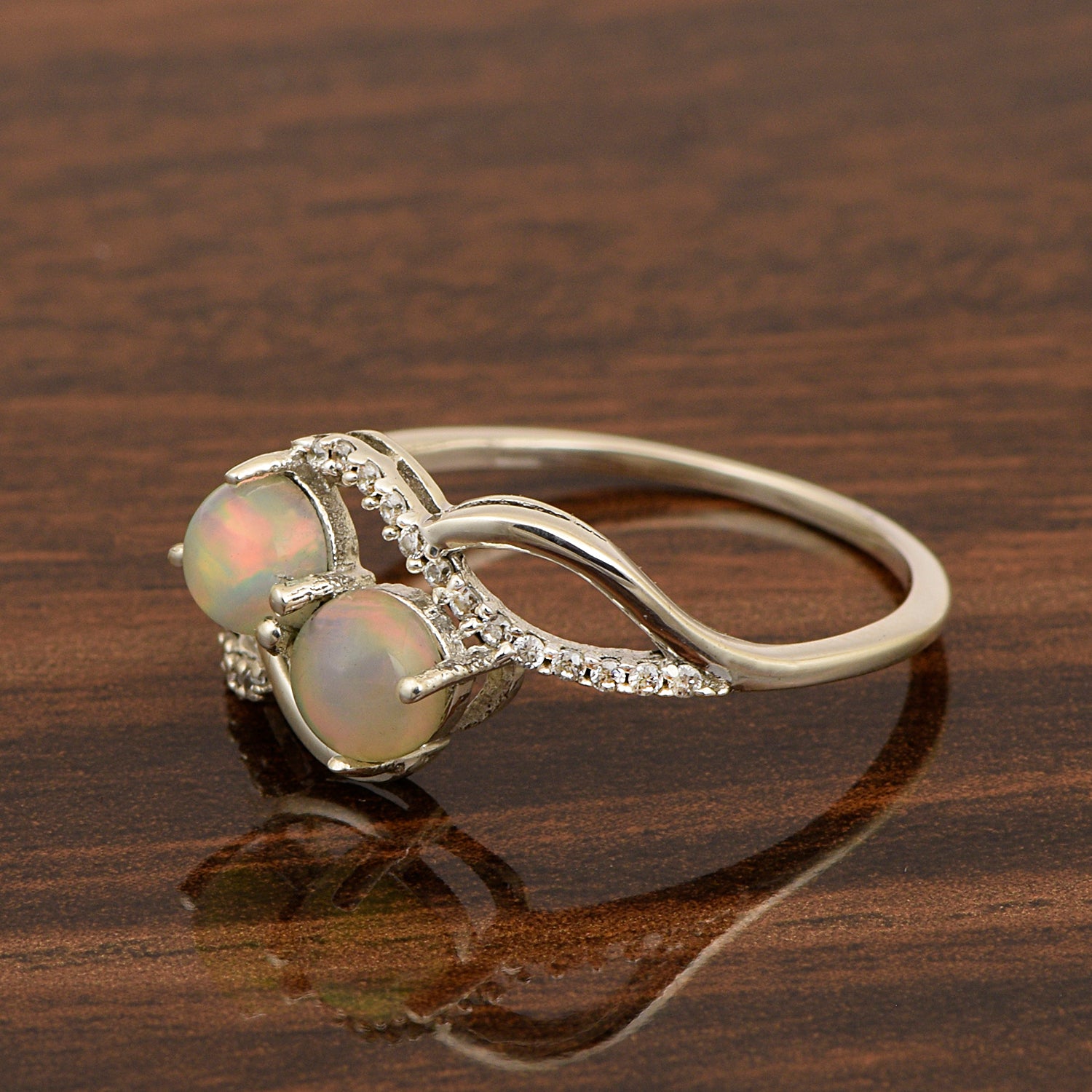 Cocktail 925 Sterling Silver Dual Round Stone 5MM Opal Love Ring - Kimaya INC