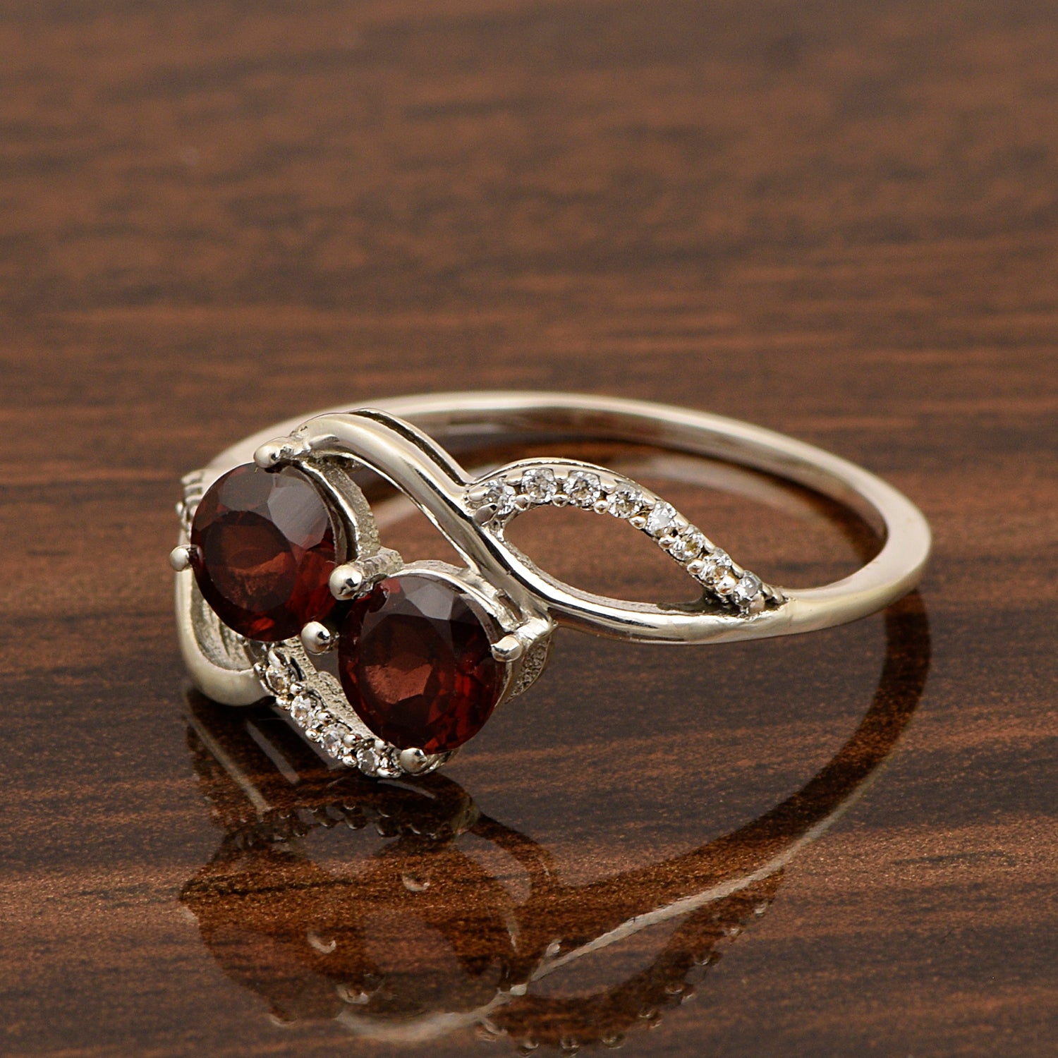 Cocktail 925 Sterling Silver Dual Round Stone 5MM Garnet Love Ring - Kimaya INC
