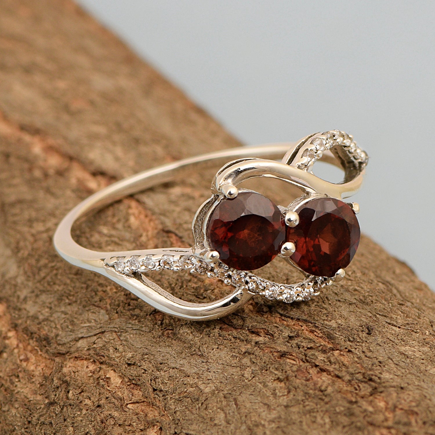 Cocktail 925 Sterling Silver Dual Round Stone 5MM Garnet Love Ring - Kimaya INC