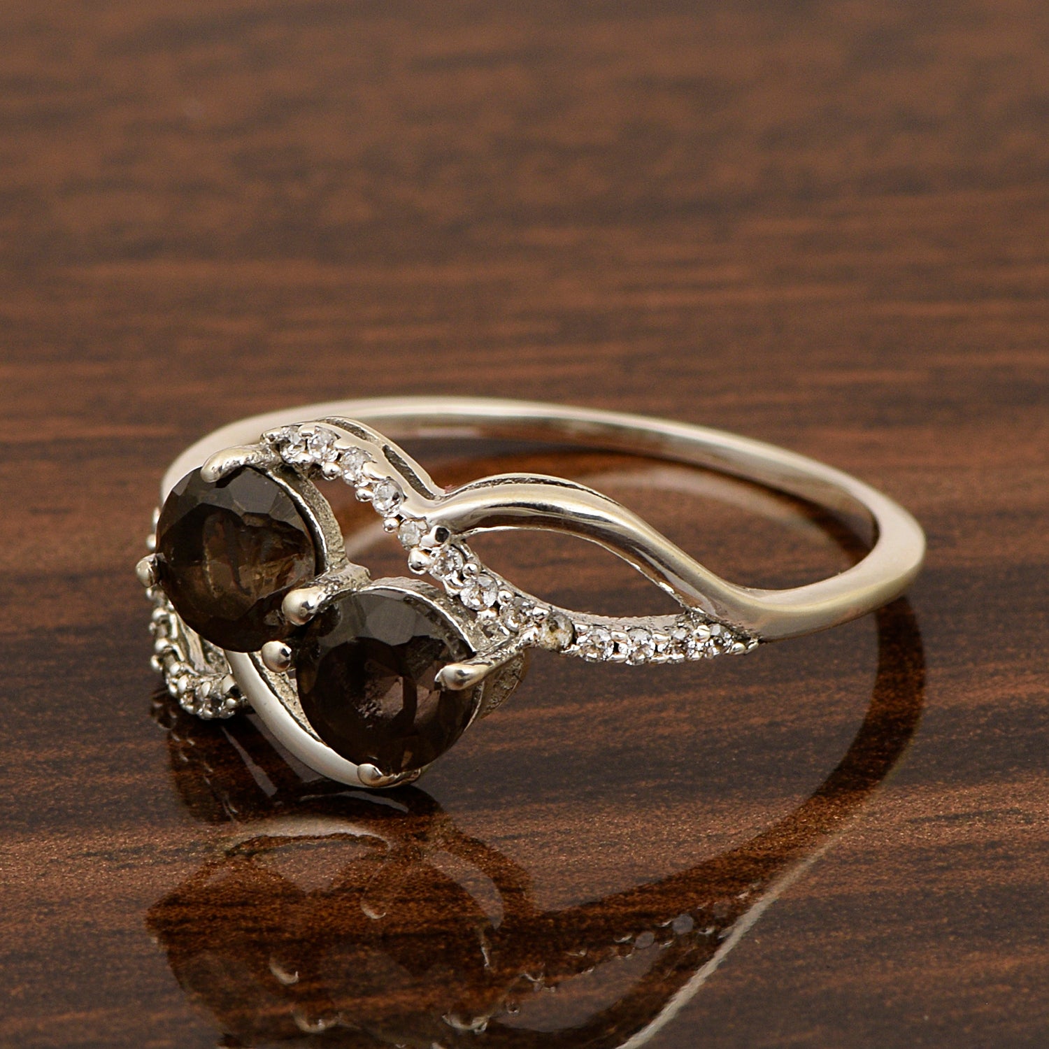 Cocktail 925 Sterling Silver Dual Round Stone 5MM Smoky Quartz Love Ring - Kimaya INC