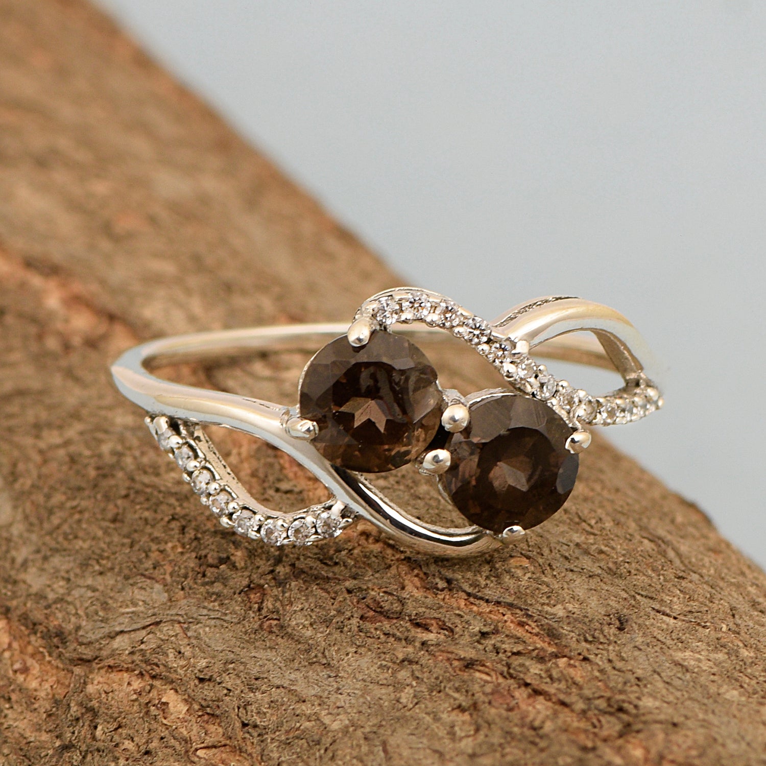 Cocktail 925 Sterling Silver Dual Round Stone 5MM Smoky Quartz Love Ring - Kimaya INC