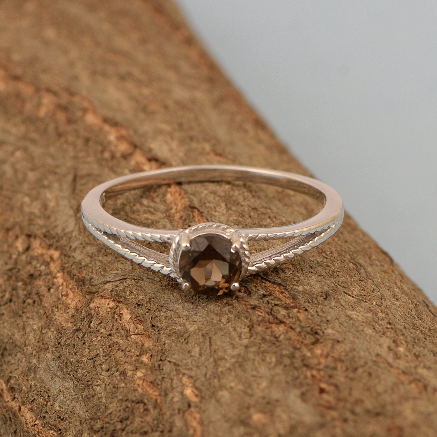 Dual Band 0.55 Ctw Smoky Quartz 925 Sterling Silver Women Engagement Ring - Kimaya INC