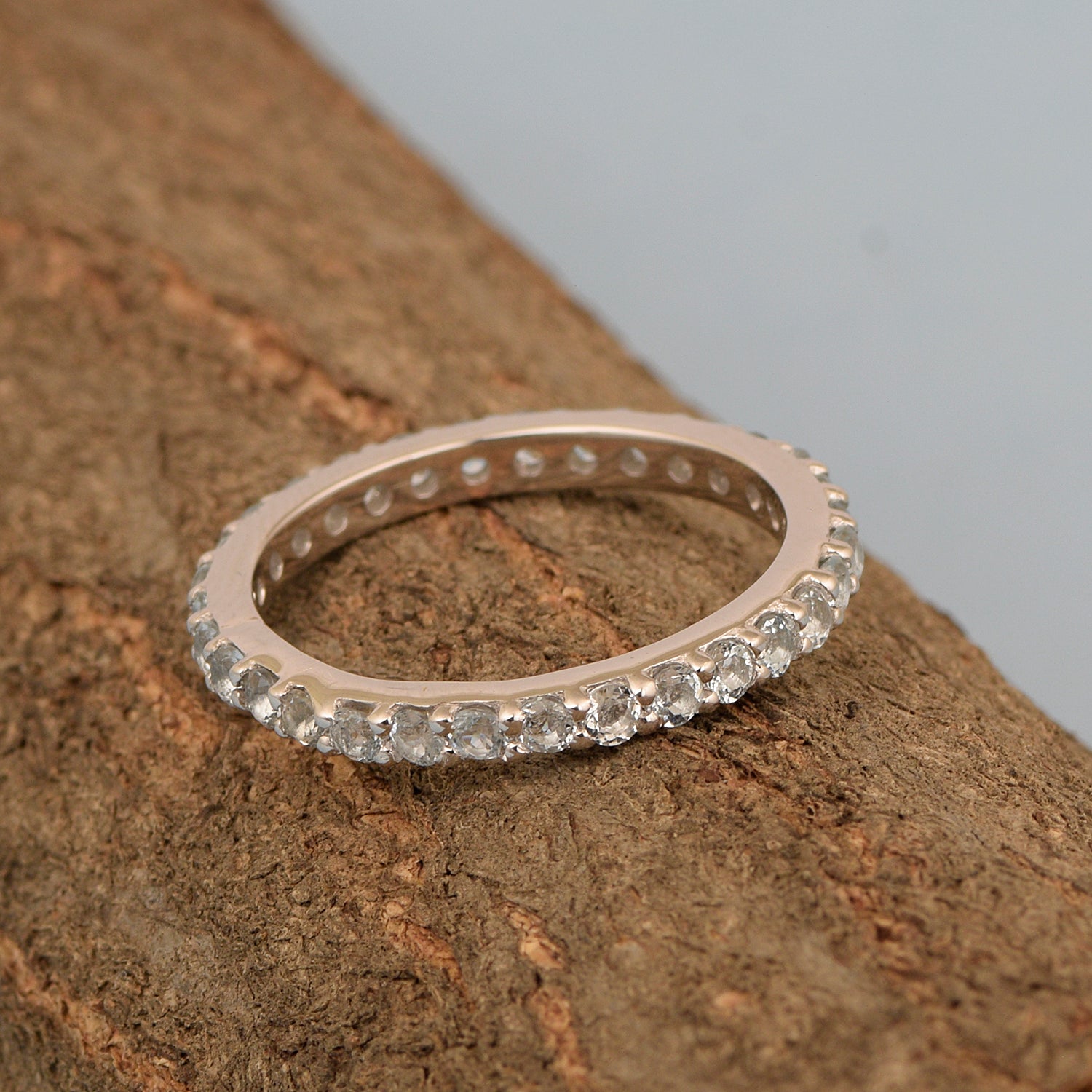 Eternity Band 925 Sterling Silver Round 2 MM Swiss Blue Topaz Ring - Kimaya INC