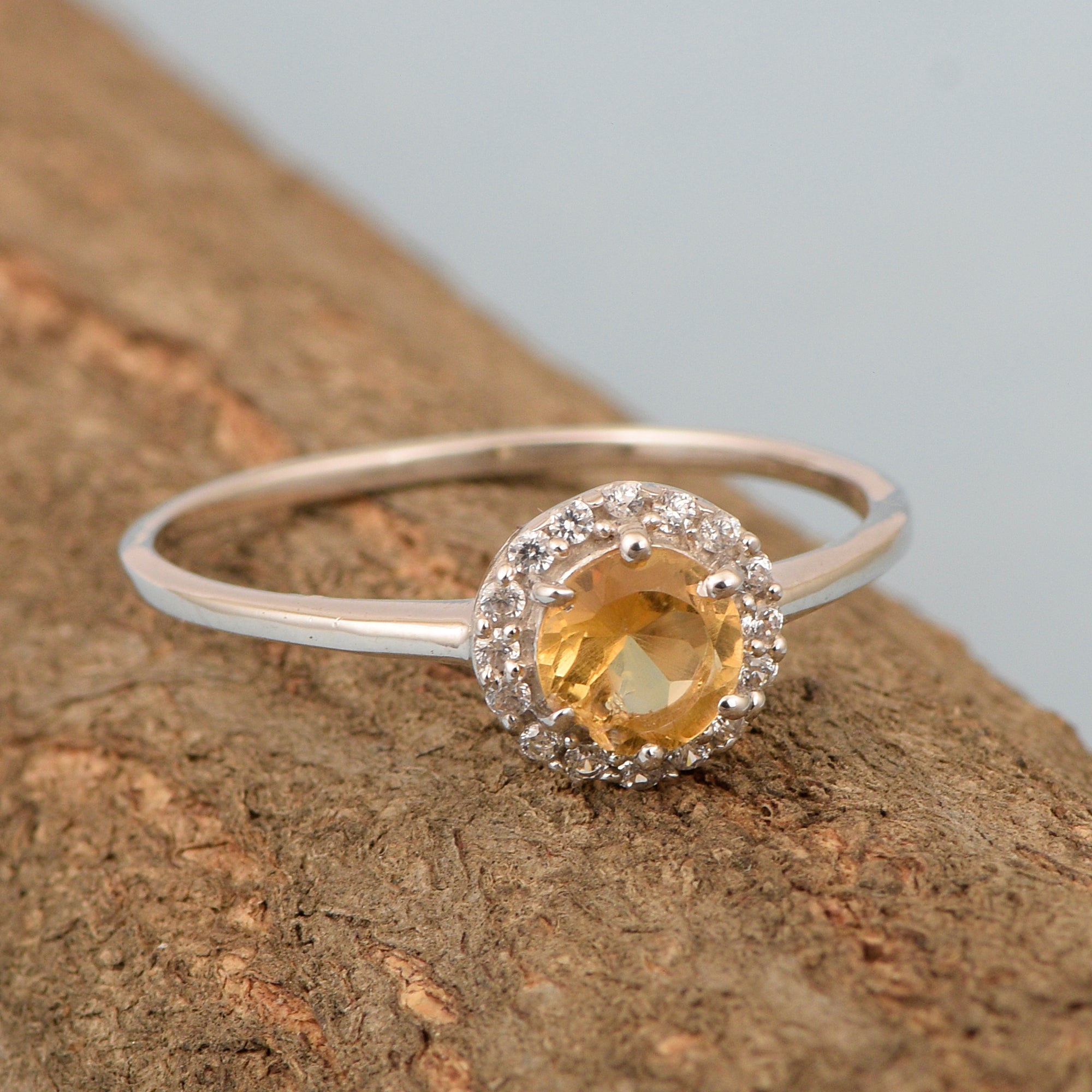 925 Sterling Silver Round 5MM Citrine Solitaire Accents Ring - Kimaya INC