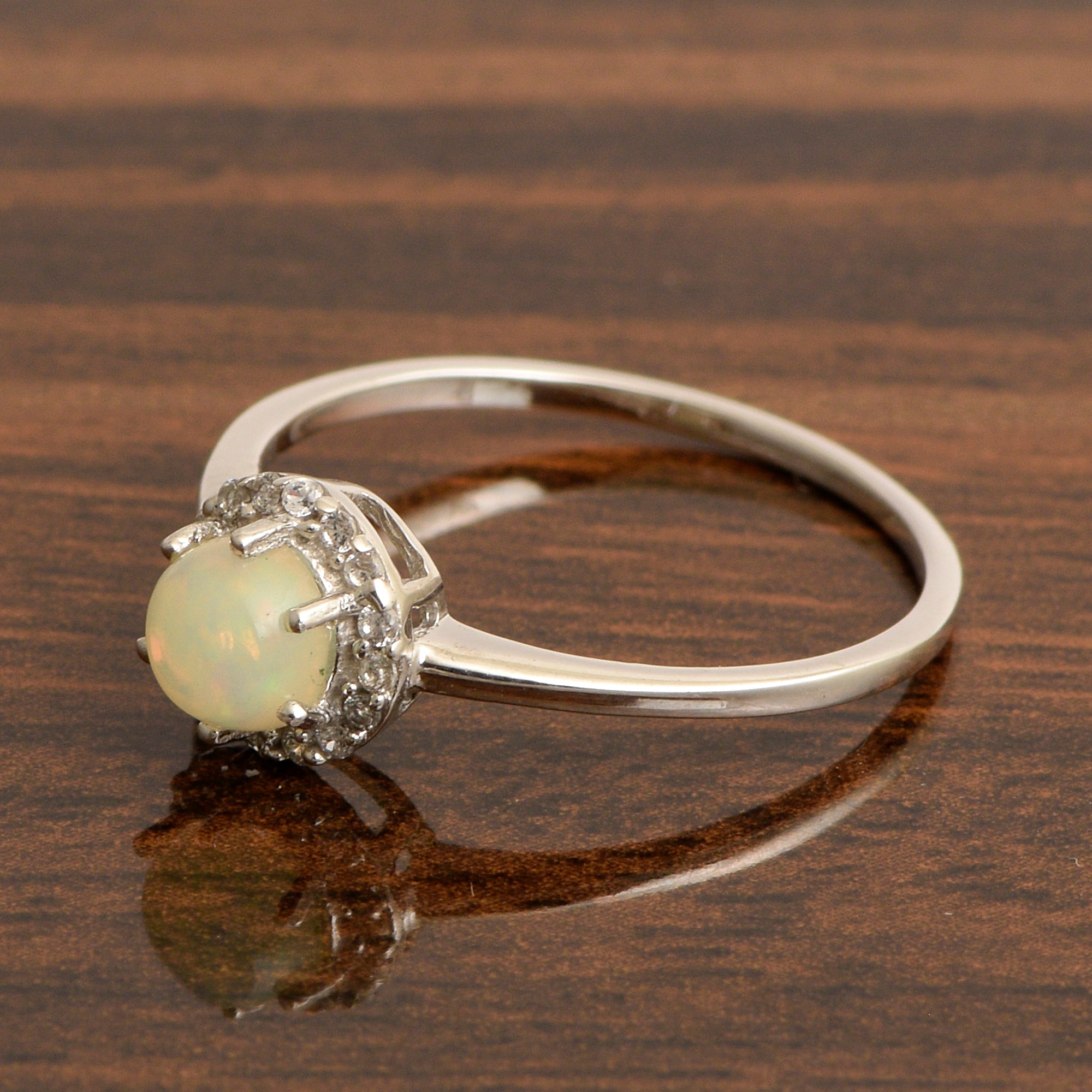 925 Sterling Silver Round 5MM Opal Solitaire Accents Ring - Kimaya INC
