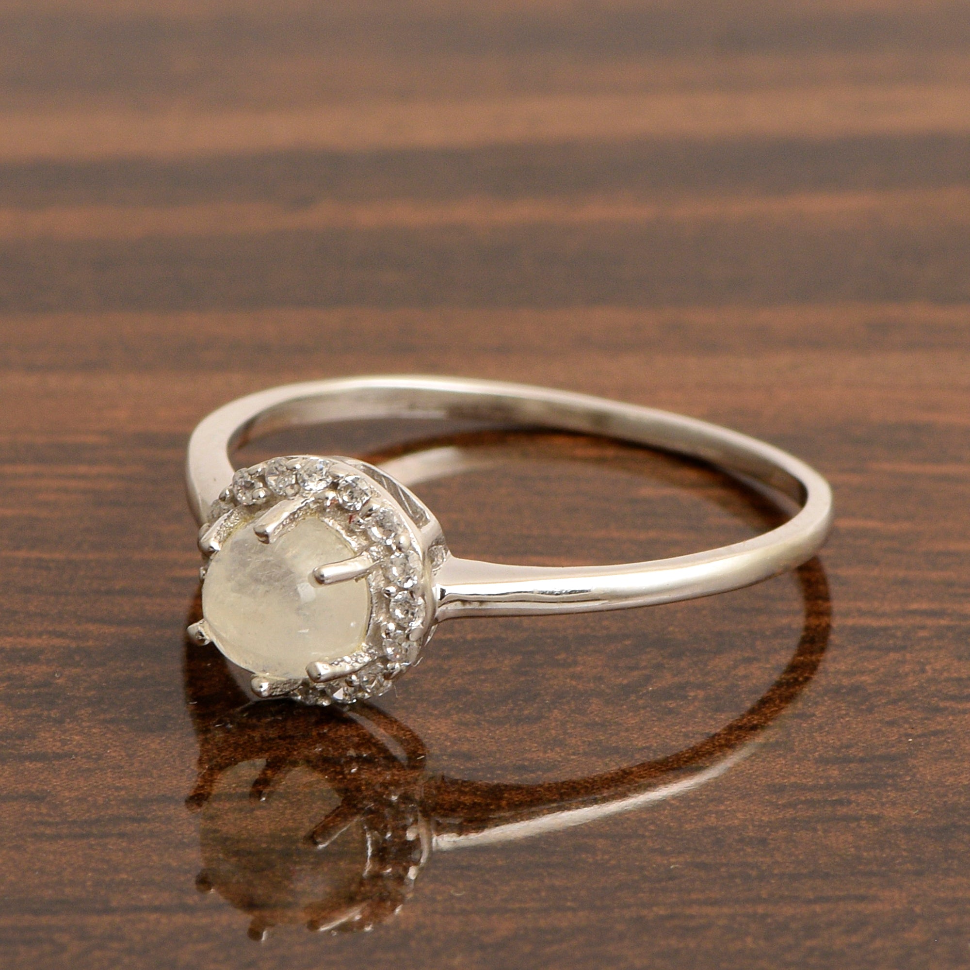 925 Sterling Silver Round 5MM Moonstone Solitaire Accents Ring - Kimaya INC