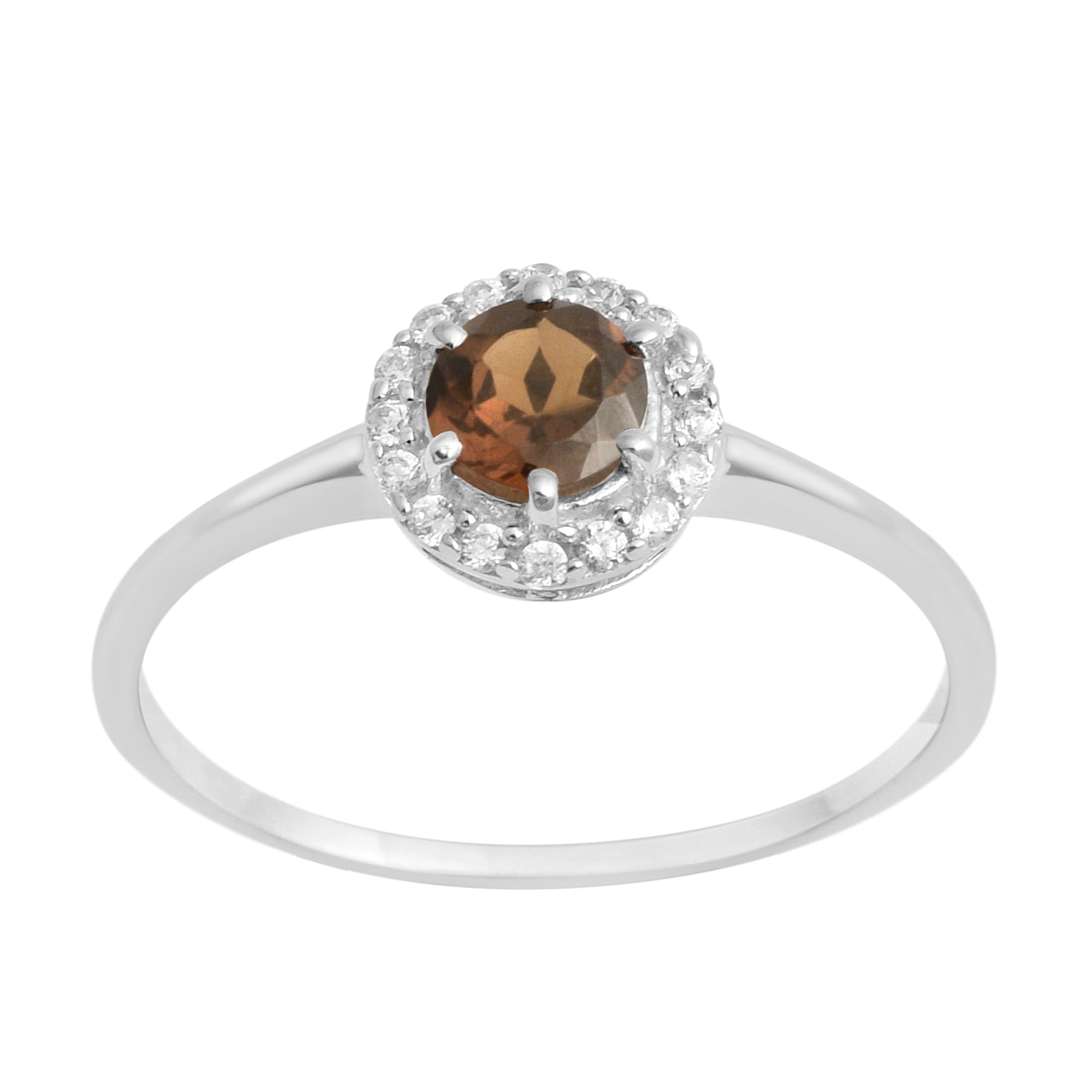 925 Sterling Silver Round 5MM Smoky Quartz Solitaire Accents Ring - Kimaya INC