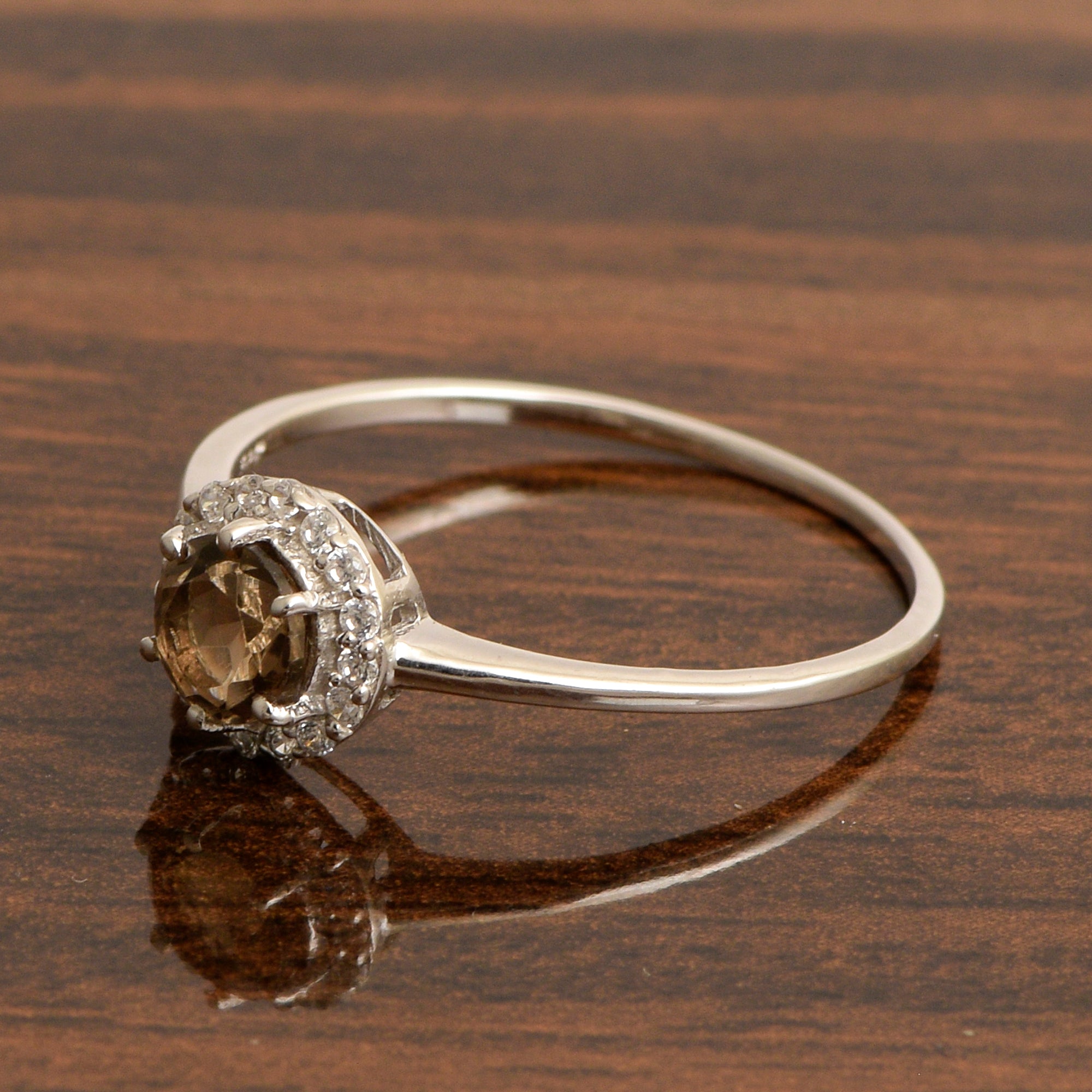 925 Sterling Silver Round 5MM Smoky Quartz Solitaire Accents Ring - Kimaya INC