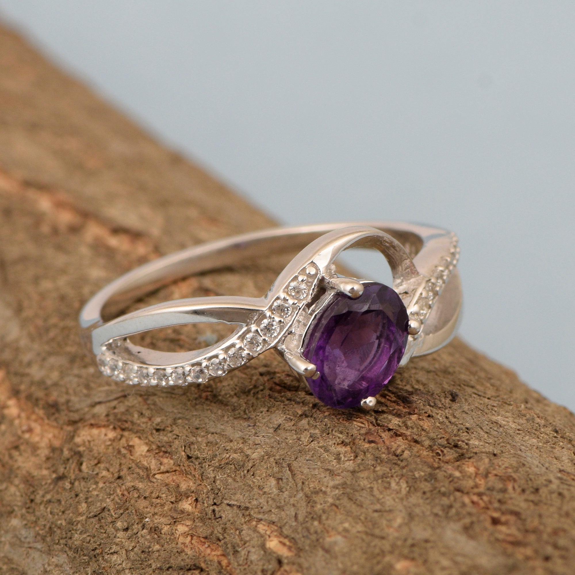 925 Sterling Silver Oval 7X5MM Amethyst Birthstone Rings - Kimaya INC
