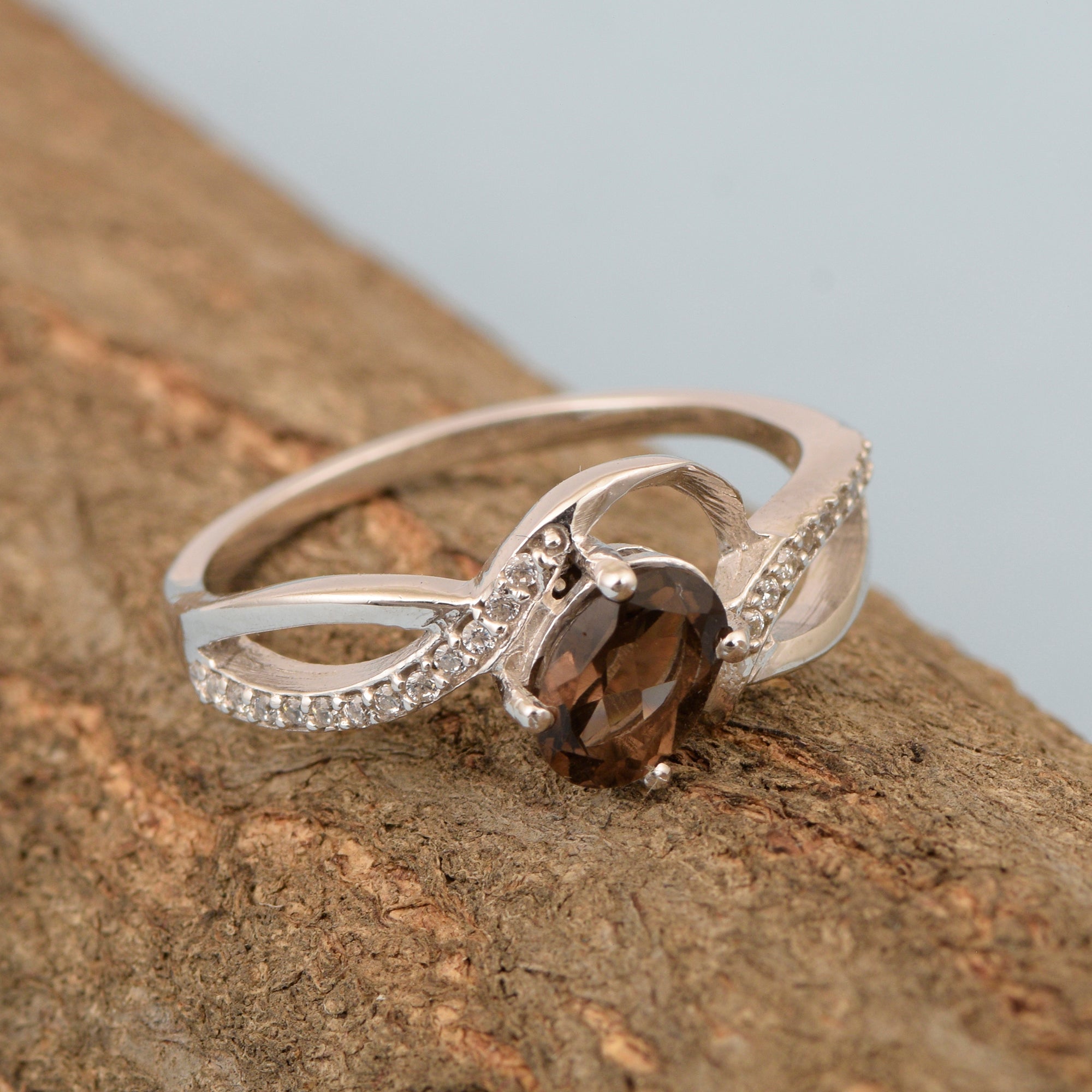 925 Sterling Silver Oval 7X5MM Smoky Quartz Birthstone Rings - Kimaya INC