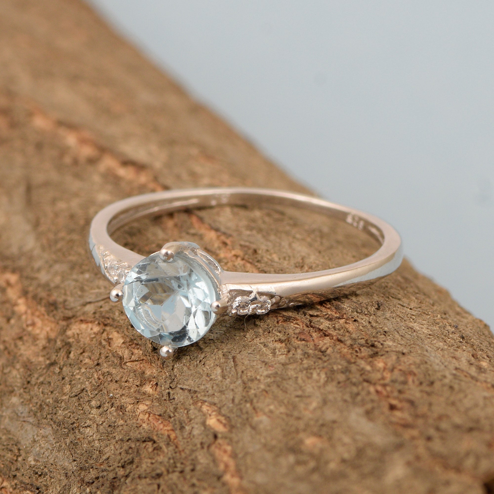 Solitaire Round Blue Topaz 925 Sterling Silver Women Engagement Ring - Kimaya INC