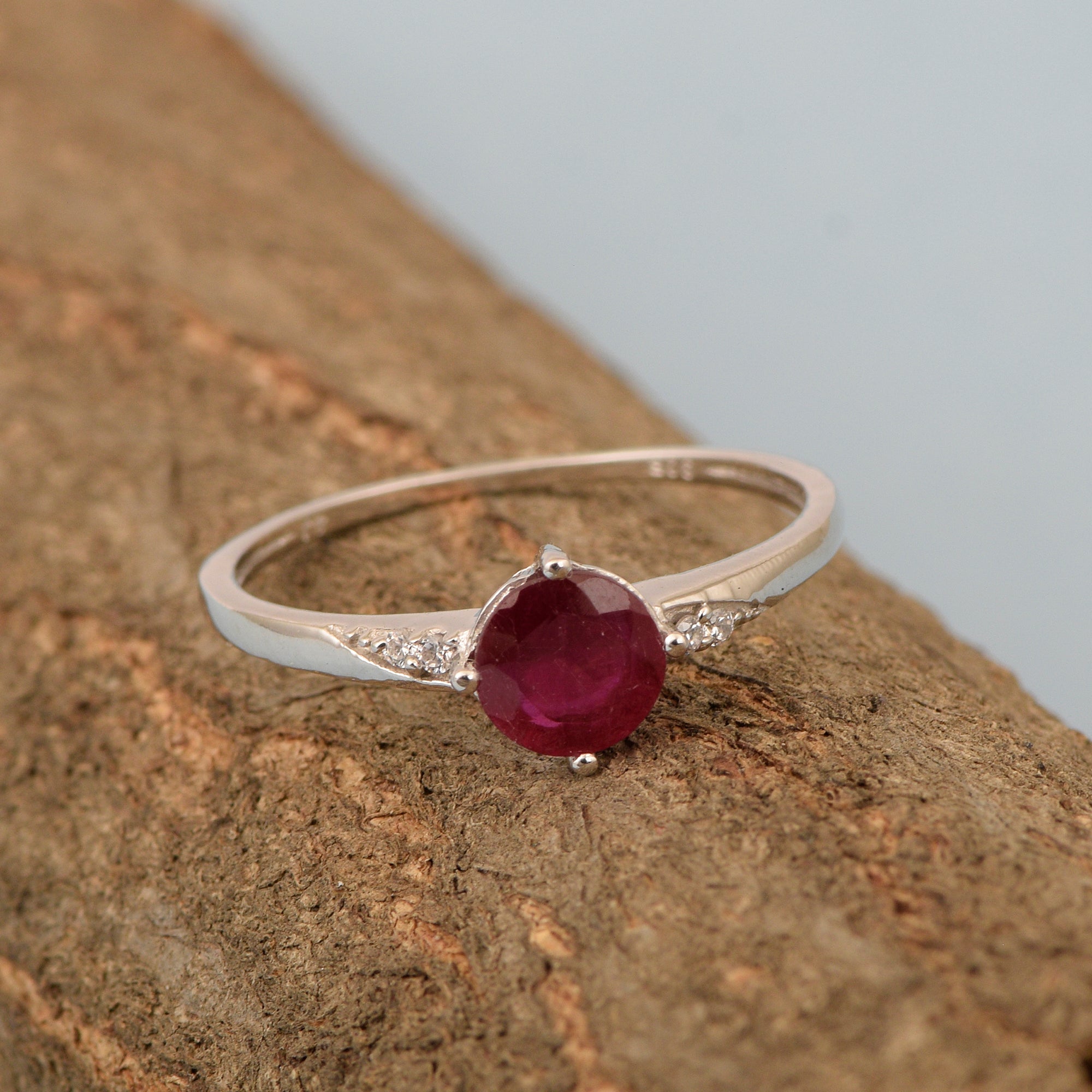 Solitaire Round Ruby 925 Sterling Silver Women Engagement Ring - Kimaya INC