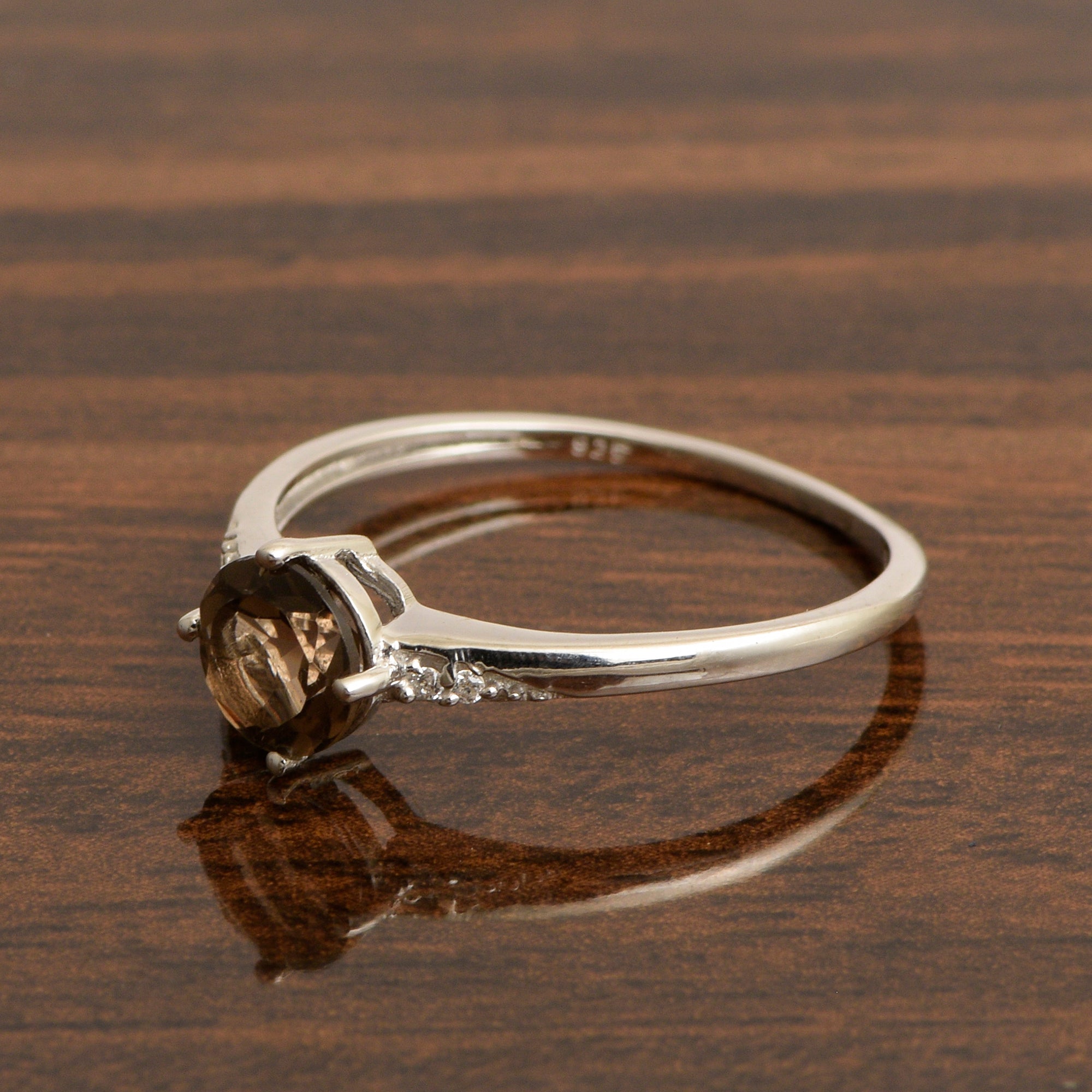 Solitaire Round Smoky Quartz 925 Sterling Silver Women Engagement Ring - Kimaya INC
