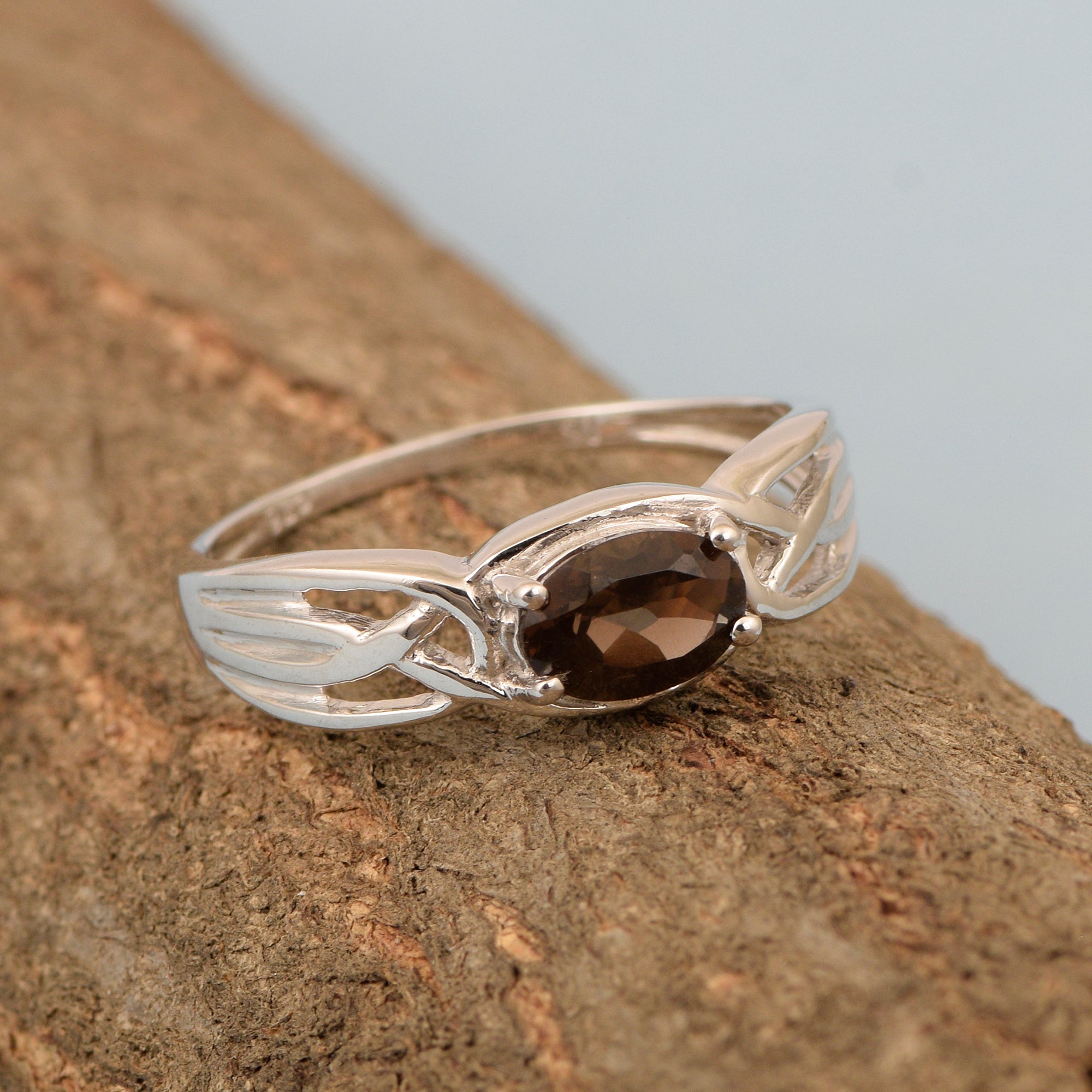 925 Sterling Silver Oval-Cut Smoky Quartz Bridal Wedding Ring - Kimaya INC