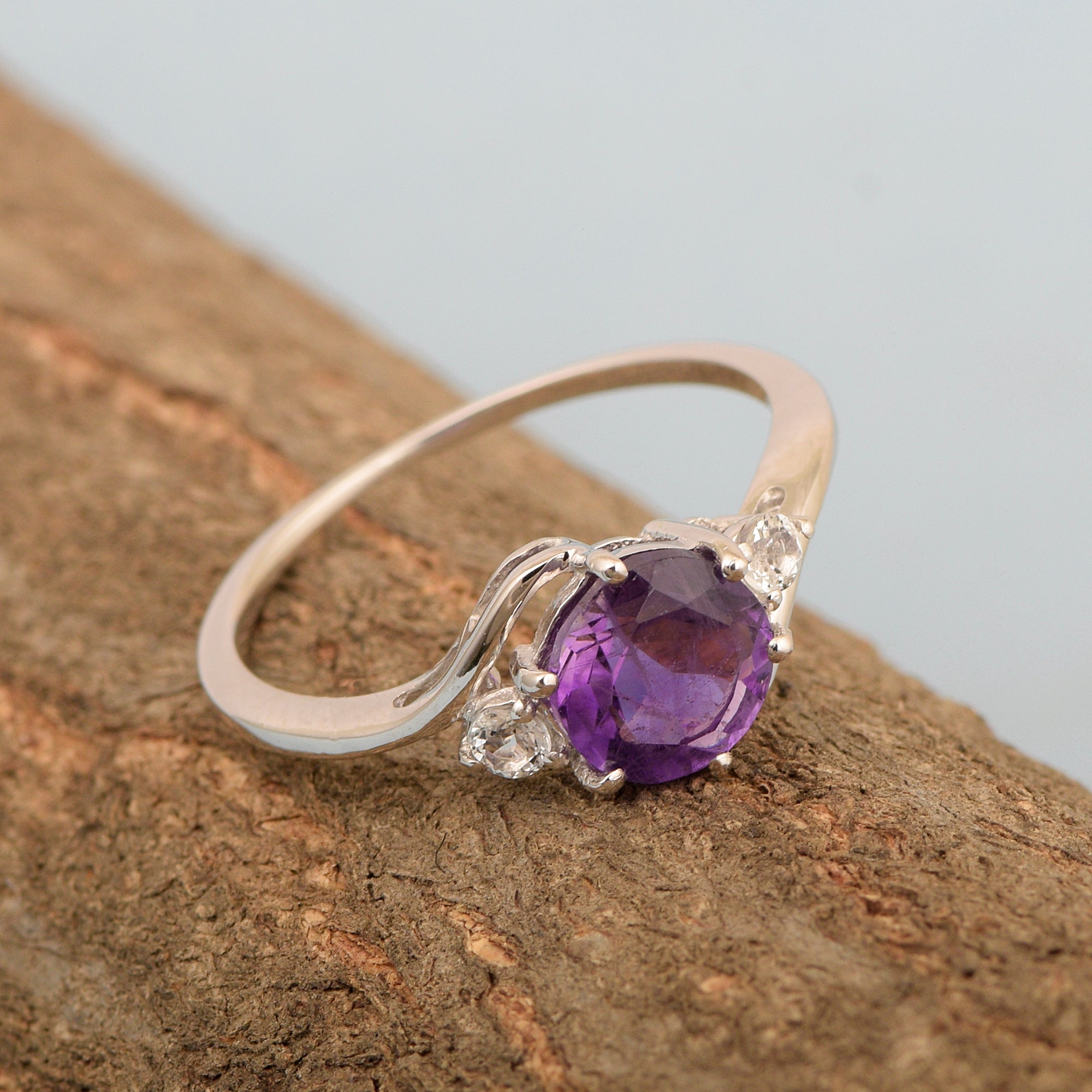 Sterling Silver Timeless Amethyst Round 7 MM Women Engagement Ring - Kimaya INC