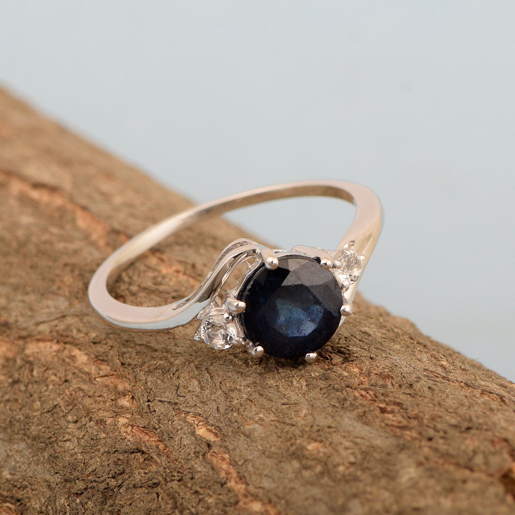 Sterling Silver Timeless Blue Sapphire Round 7 MM Women Engagement Ring - Kimaya INC
