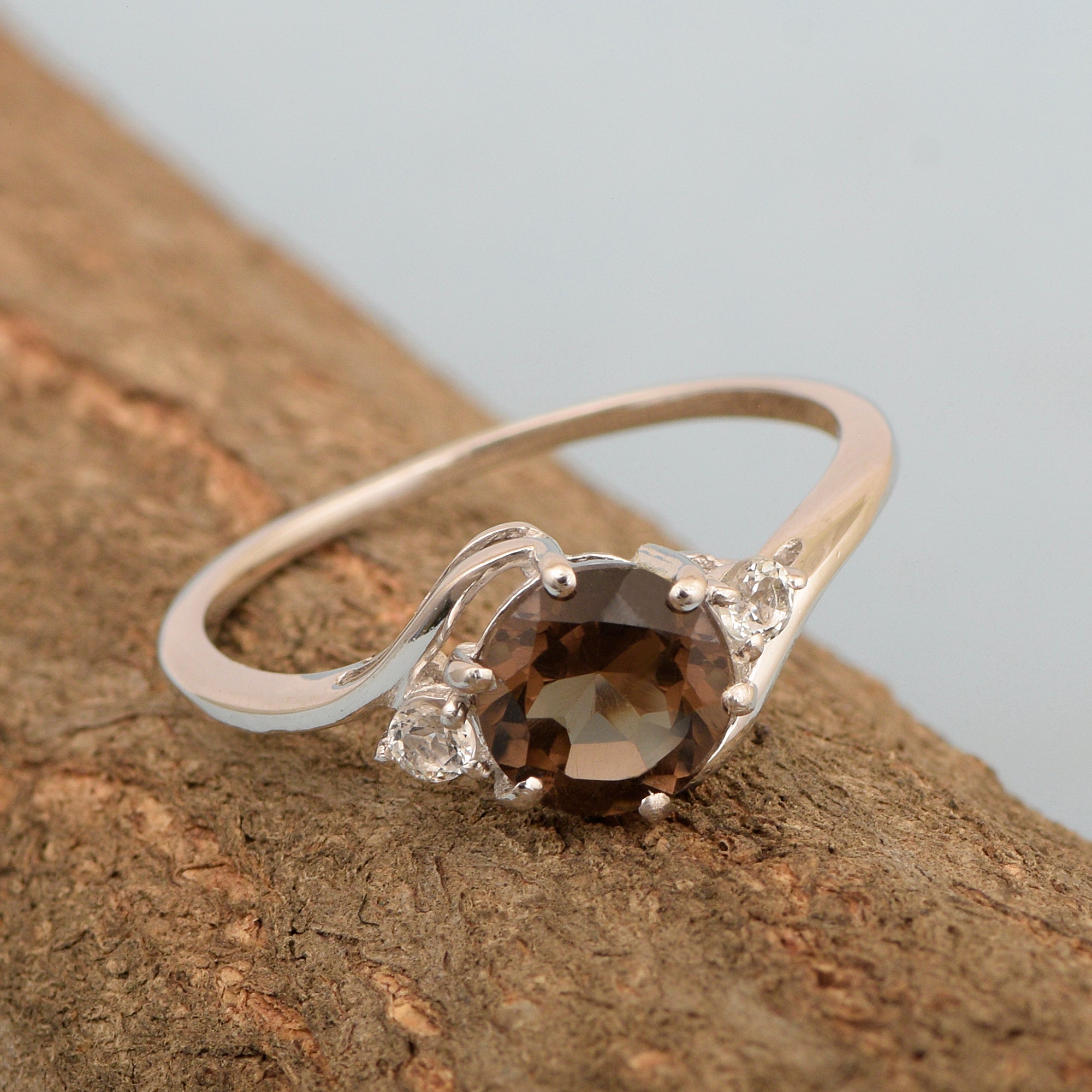 Sterling Silver Timeless Smoky Quartz Round 7 MM Women Engagement Ring - Kimaya INC