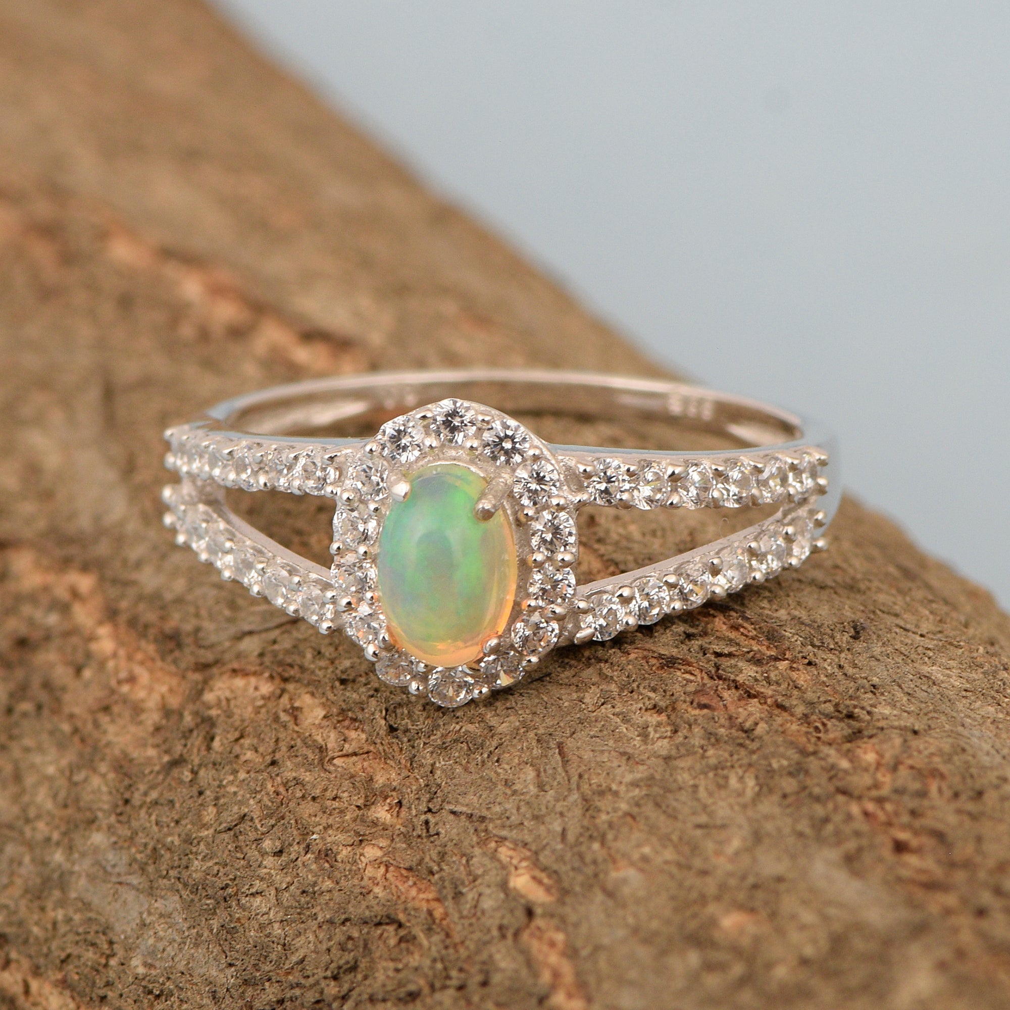 925 Sterling Silver Oval 0.50 Ctw Opal Women Engagement Ring - Kimaya INC
