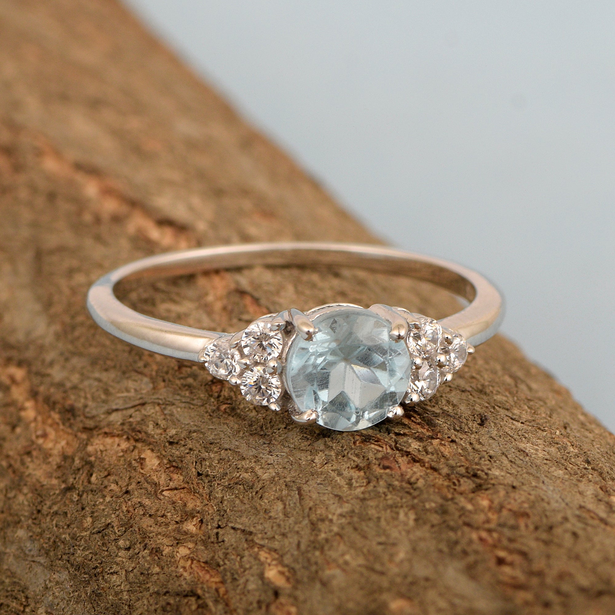 Solitaire Round 0.60 Ctw Aquamarine Sterling Silver 925 Women Engagement Ring - Kimaya INC