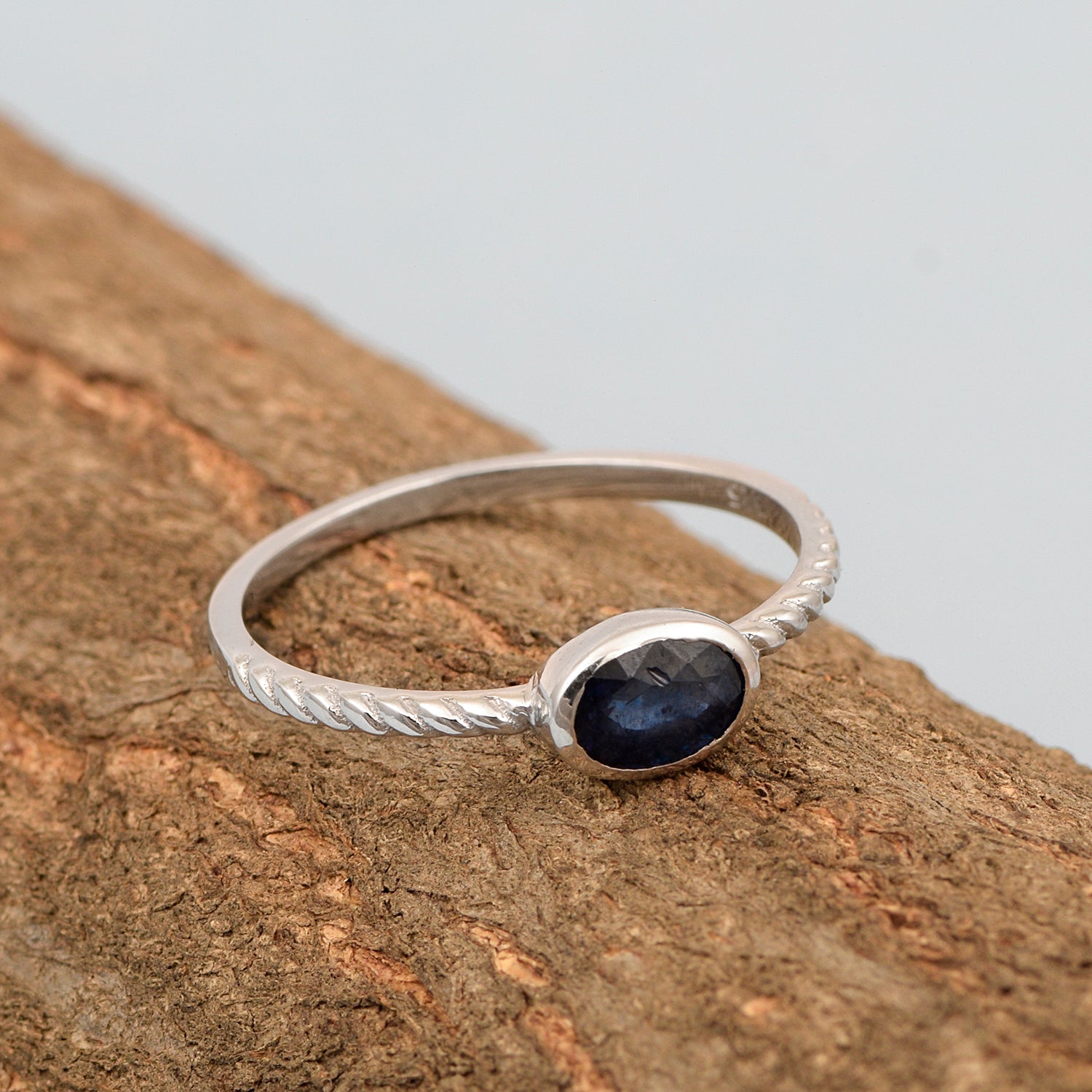 925 Sterling Silver Oval 0.35 Ctw Blue Sapphire Stackable Ring - Kimaya INC