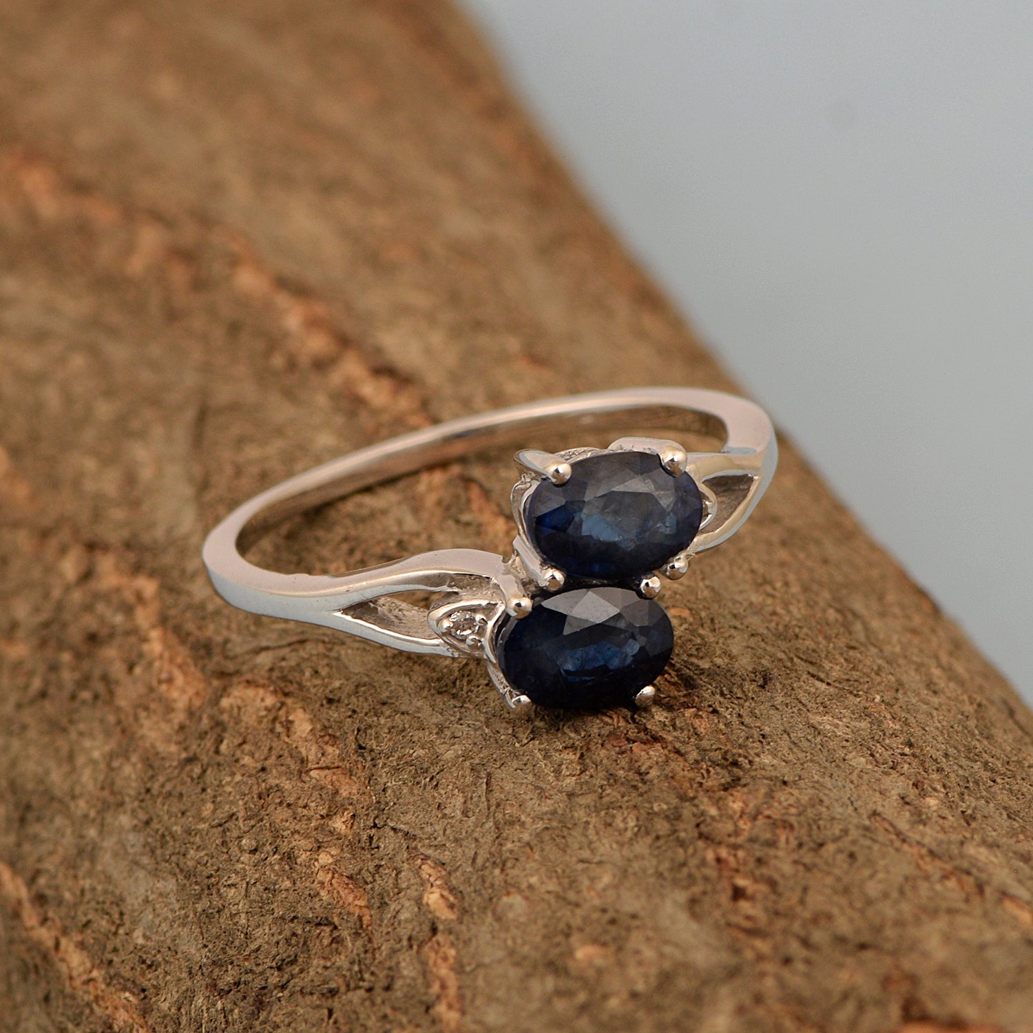 0.90 Ctw Oval Blue Sapphire 925 Sterling Silver Dual Stone Stackable Women Ring - Kimaya INC