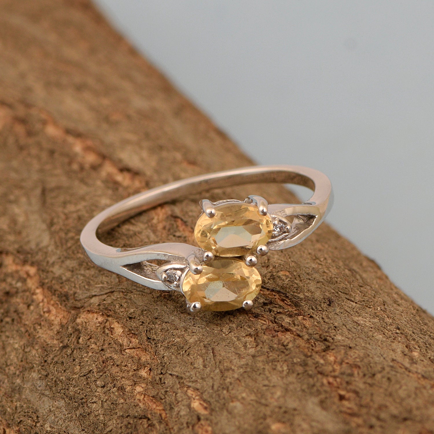 0.90 Ctw Oval Citrine 925 Sterling Silver Dual Stone Stackable Women Ring - Kimaya INC
