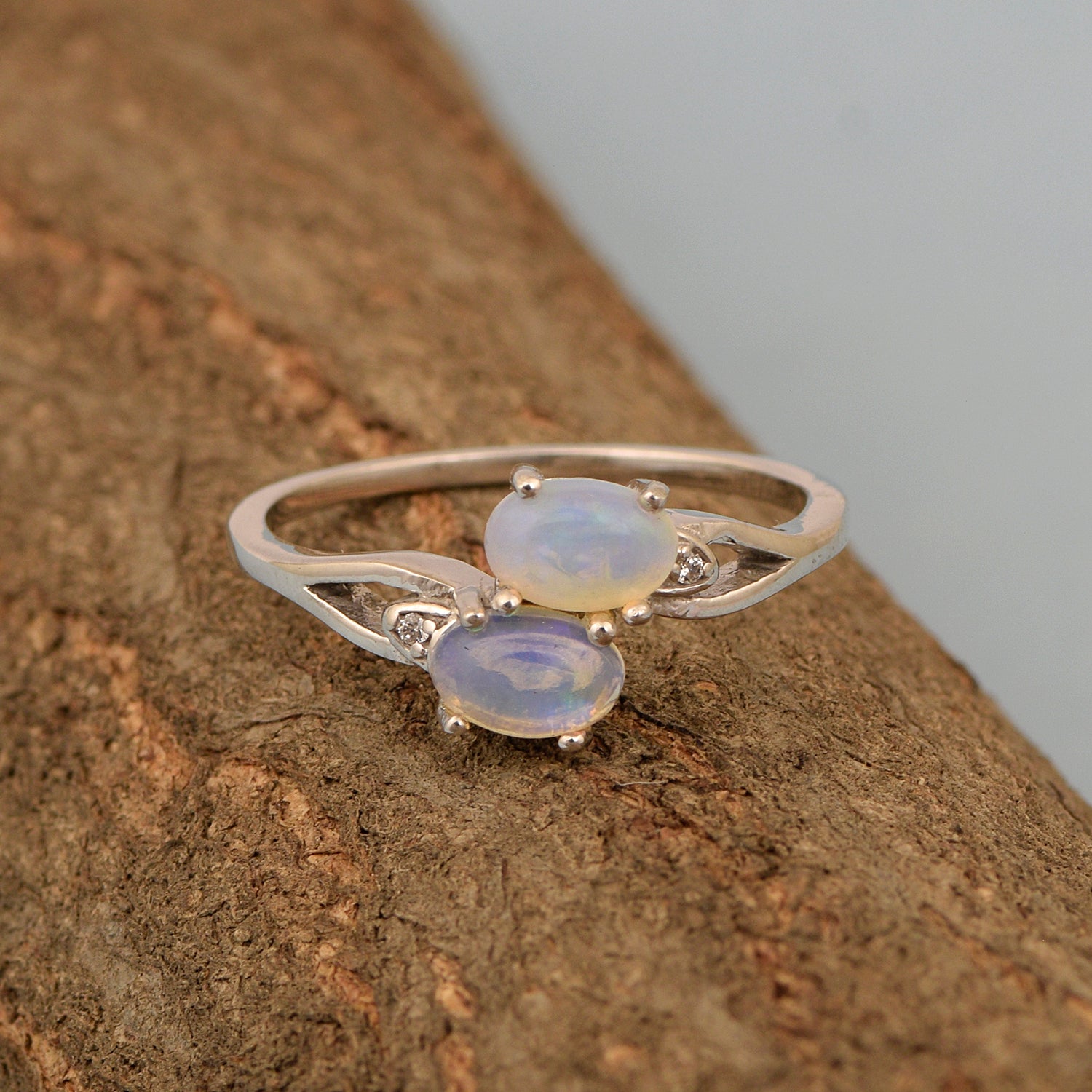 0.90 Ctw Oval Opal 925 Sterling Silver Dual Stone Stackable Women Ring - Kimaya INC
