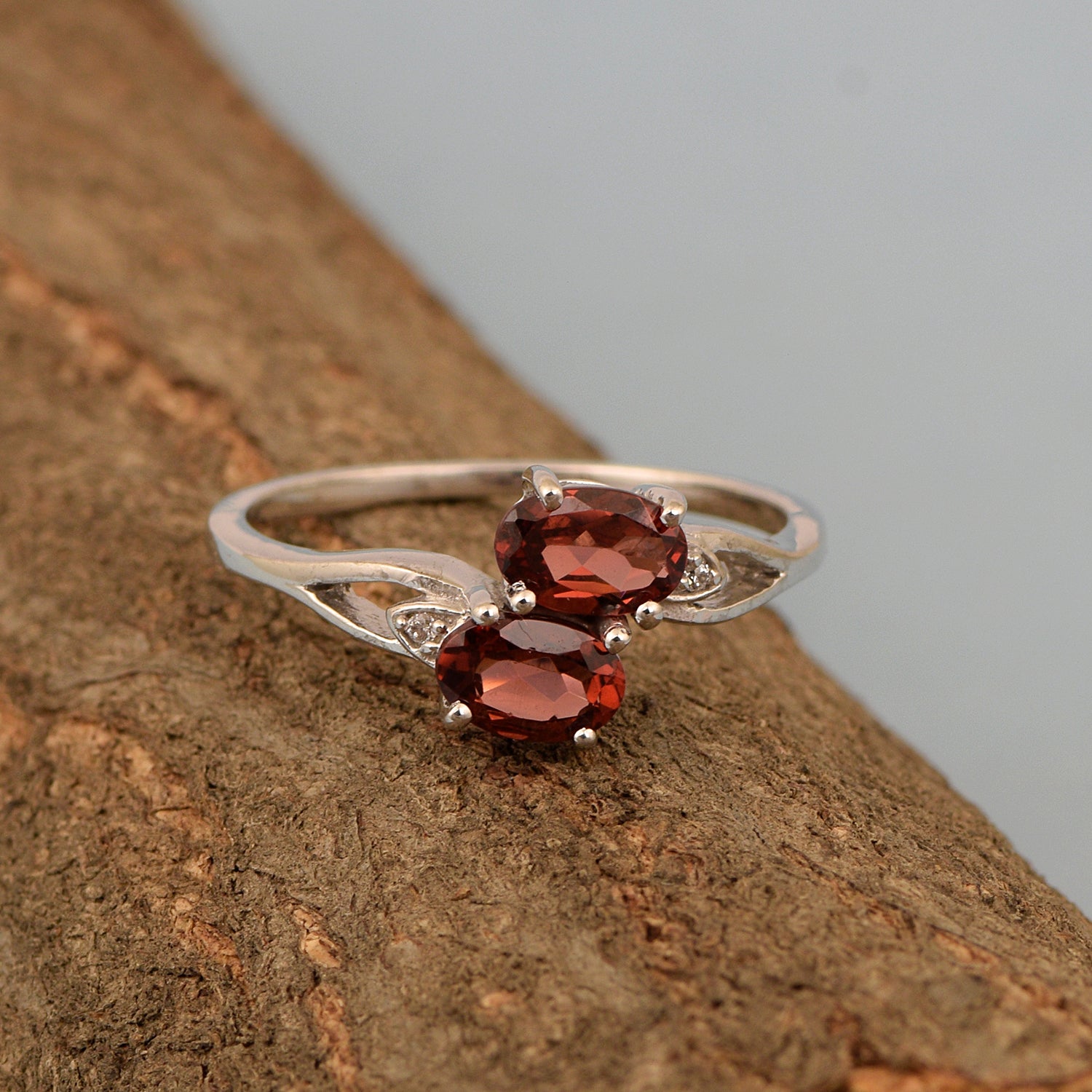 0.90 Ctw Oval Garnet 925 Sterling Silver Dual Stone Stackable Women Ring - Kimaya INC