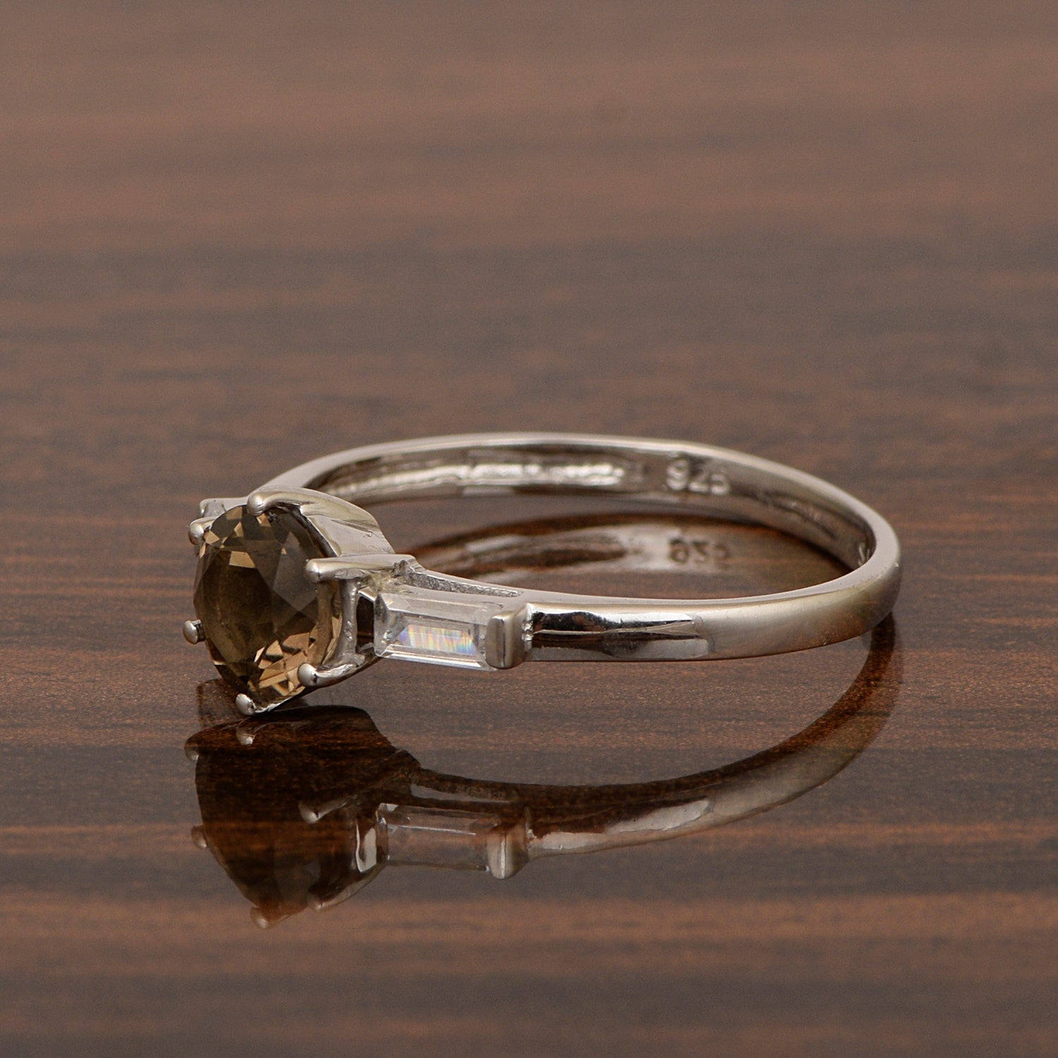 4 MM Round Smoky Quartz 925 Sterling Silver Three Stone Solitaire Women Ring - Kimaya INC